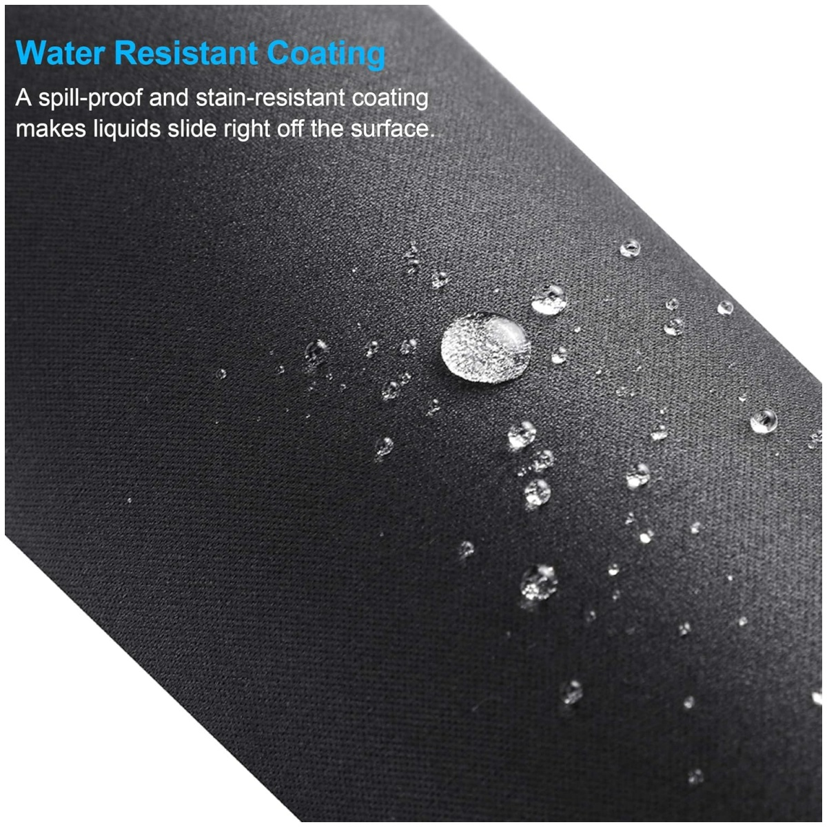 Schwarzer Stoff mit Wassertropfen. Text: Wasserabweisende Beschichtung. Flüssigkeiten gleiten ab.