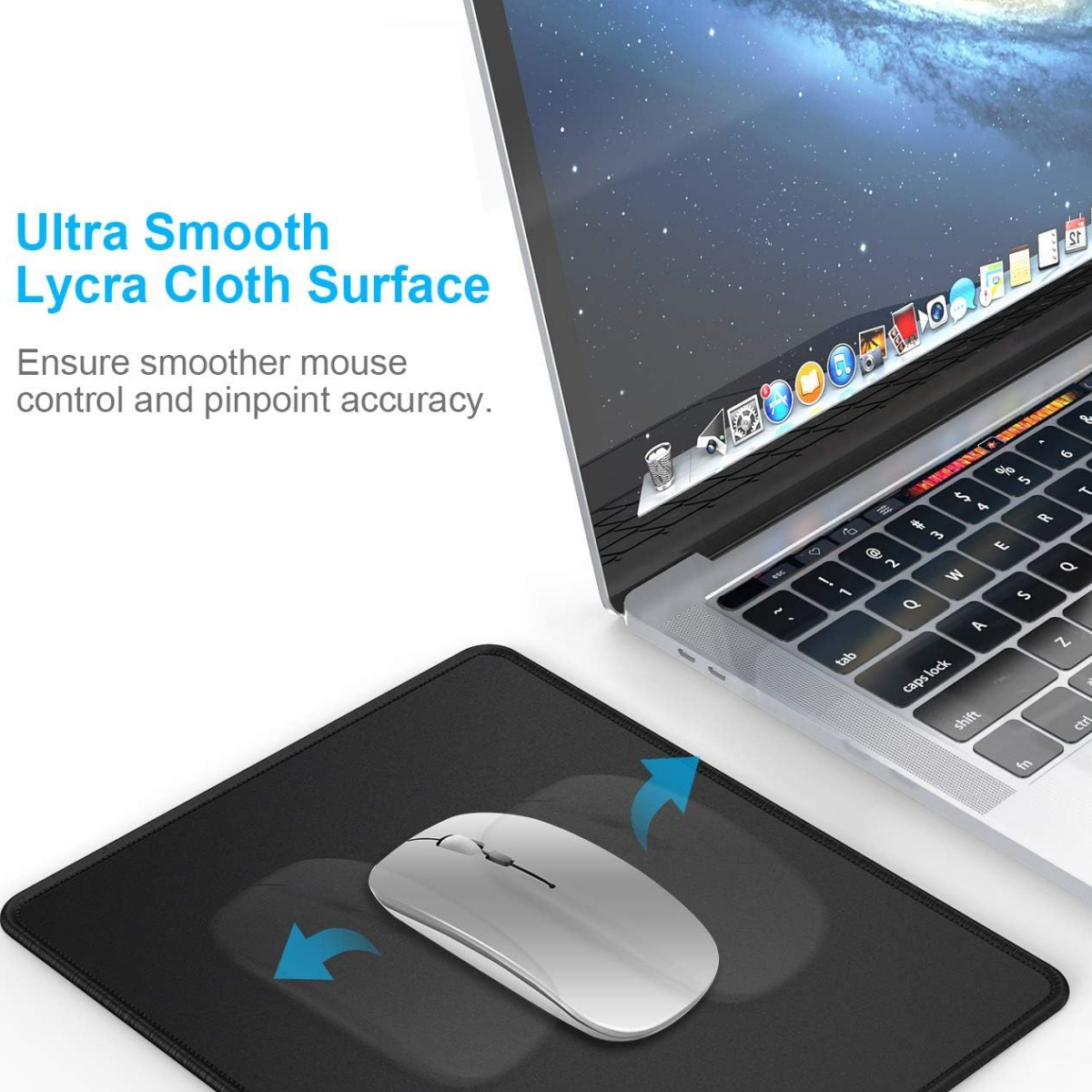 Laptop mit Maus auf schwarzem Mauspads. Text: Ultra Smooth Lycra Cloth Surface. Pfeile zeigen Mausbewegung an.
