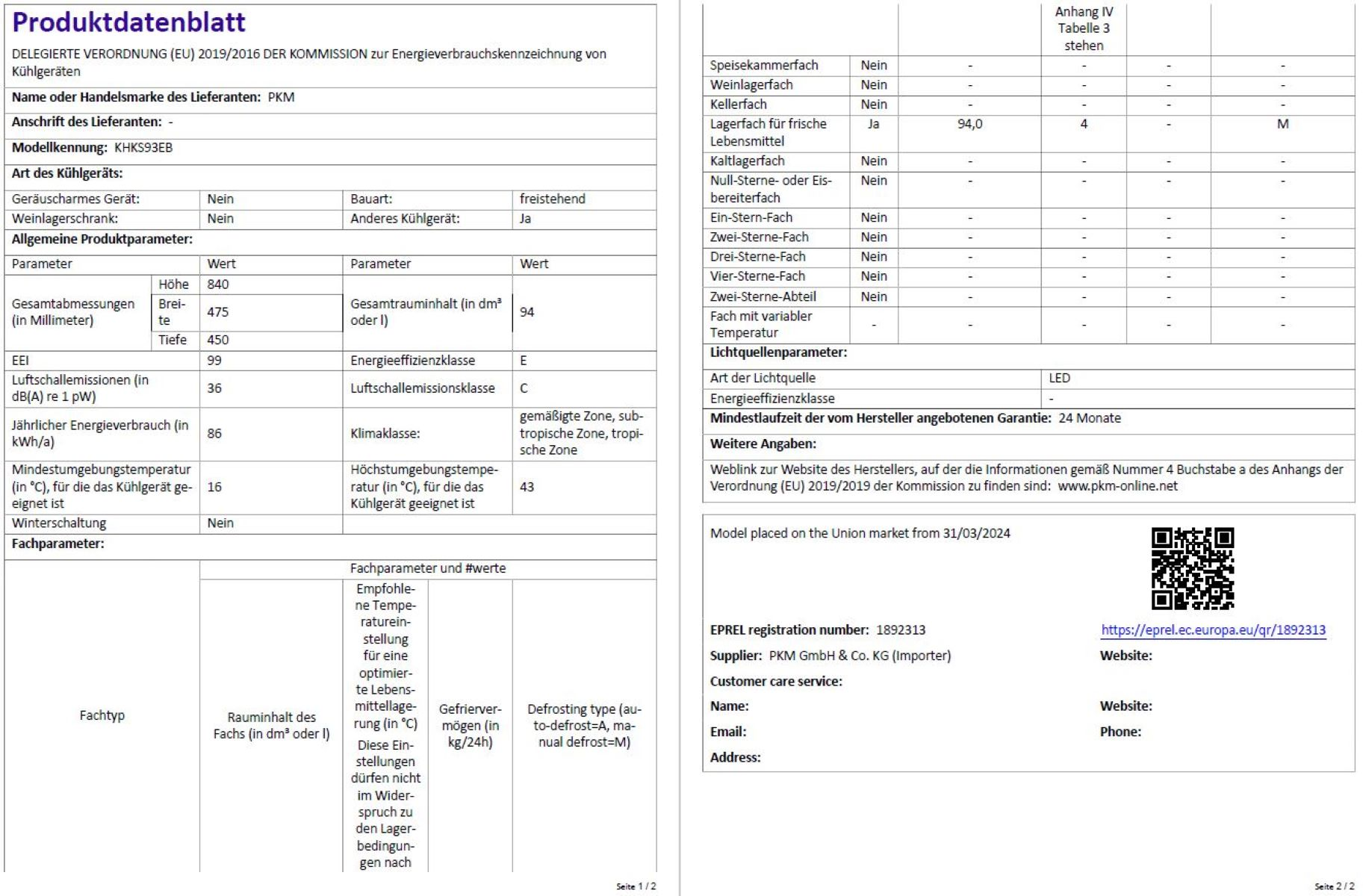 Ein Dokument mit technischen Spezifikationen auf Deutsch. Enthält Tabellen und Text über einen Kühlschrank.