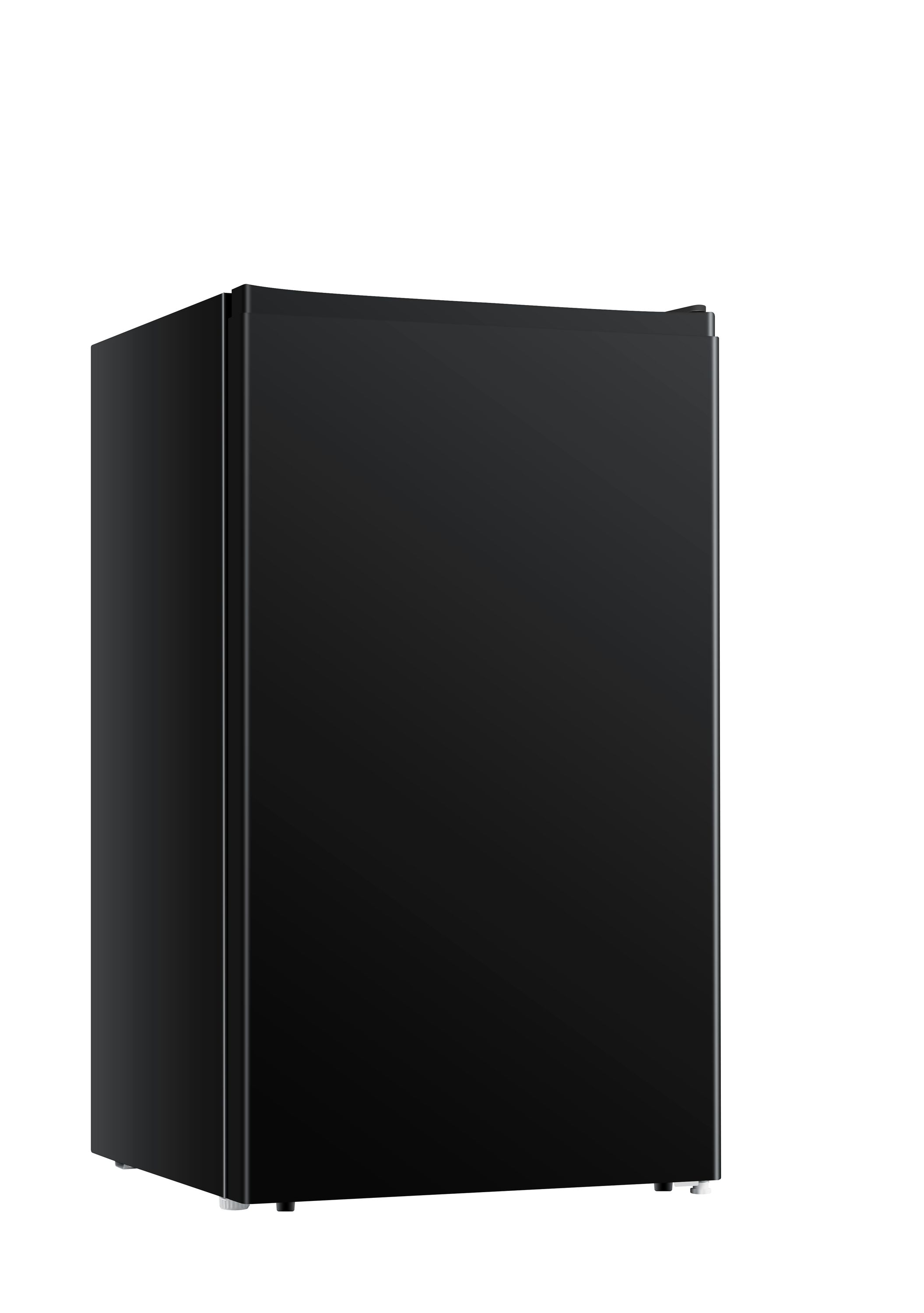 Schwarzer Mini-Kühlschrank vor weißem Hintergrund. Der Kühlschrank hat ein schlichtes, rechteckiges Design.