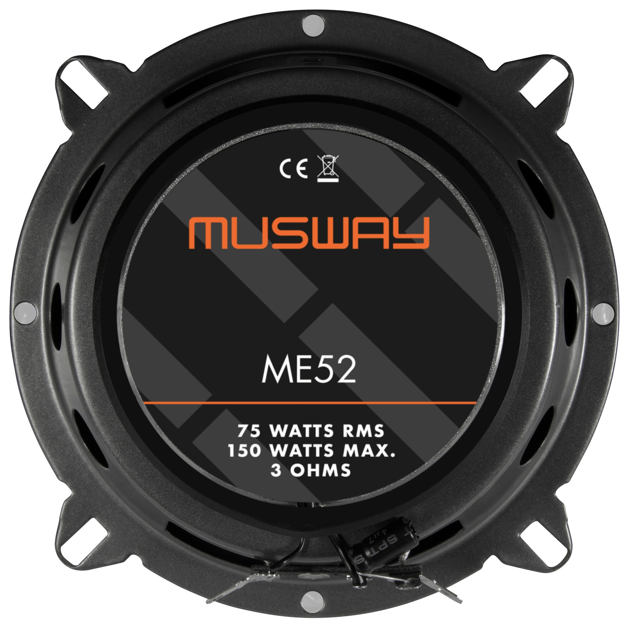 Lautsprecher, schwarz, mit rundem Etikett: Musway, ME52, 75 Watt RMS.