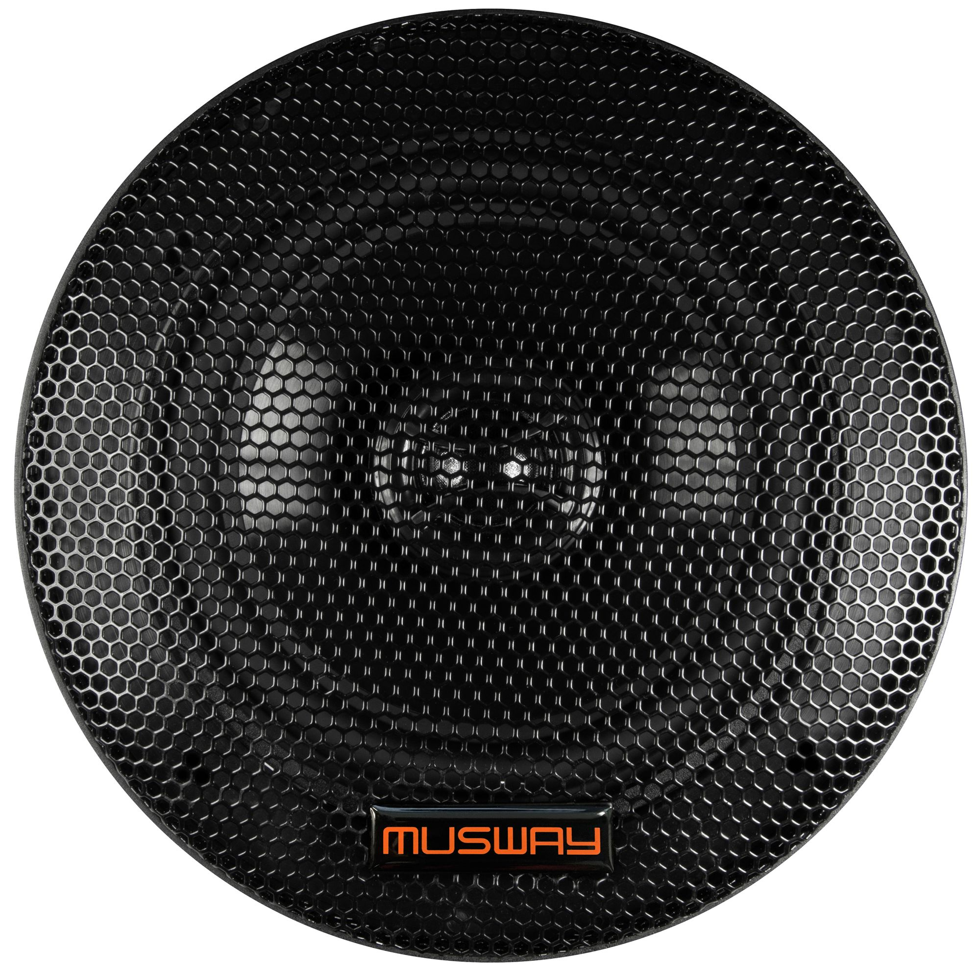 Ein runder Lautsprecher mit schwarzem Mesh-Gitter und dem orangefarbenen Musway-Logo.