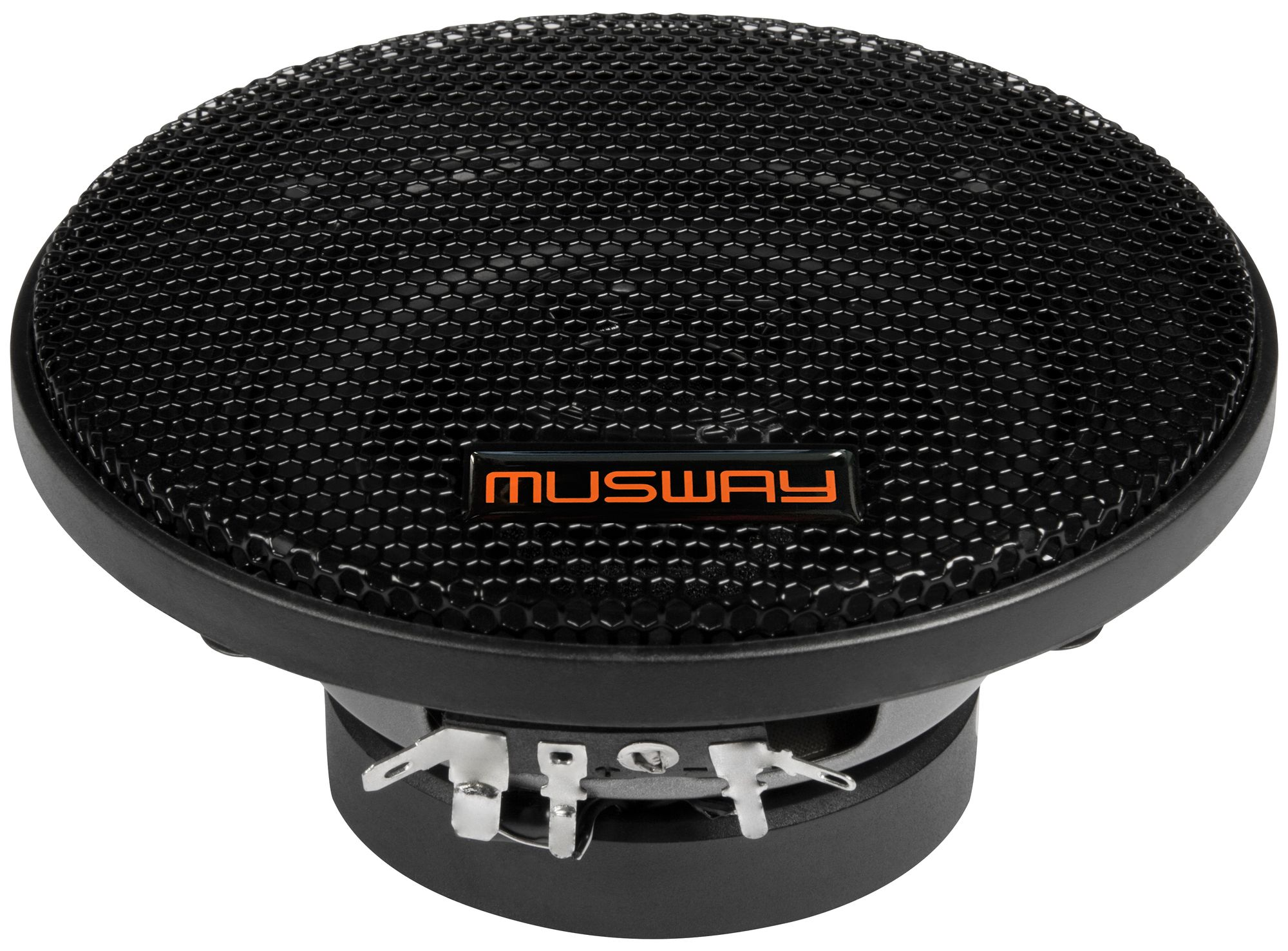 Schwarzer Lautsprecher mit Netzfront. Das Logo "MUSWAY" ist orangefarben sichtbar.