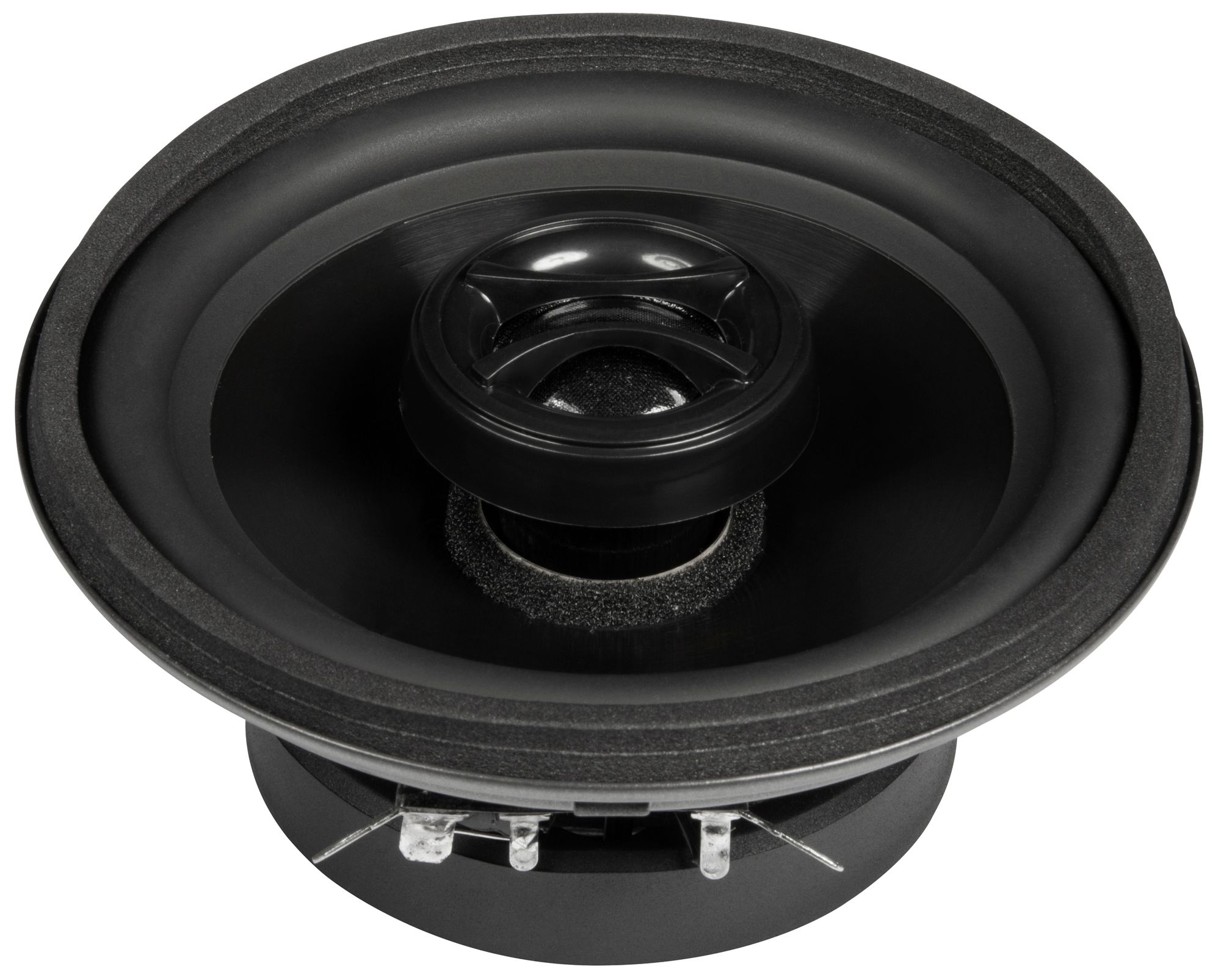 Ein schwarzer Subwoofer-Lautsprecher mit einem großen kreisförmigen Konus und einem schwarzen Rahmen.