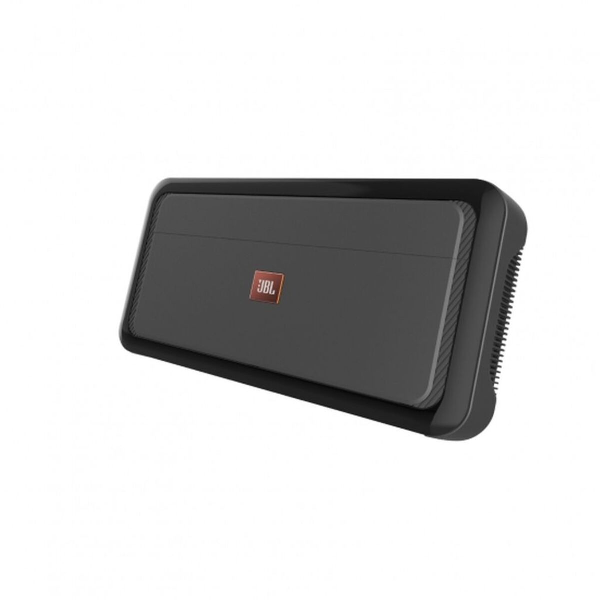 Schwarze JBL Soundbar, rechteckige Form, mit rotem JBL-Logo, schräge Ansicht.