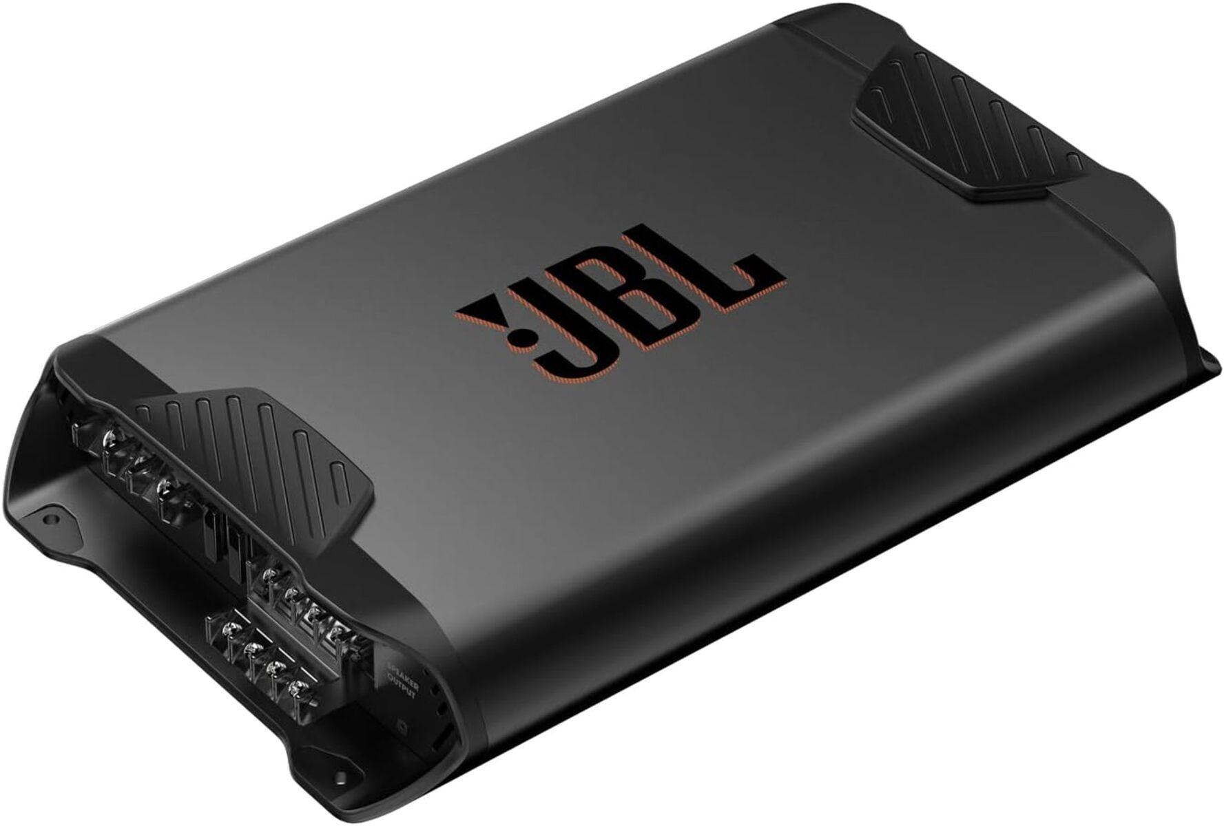 Schwarzer JBL-Auto-Verstärker, mit JBL-Logo, auf weißem Hintergrund.