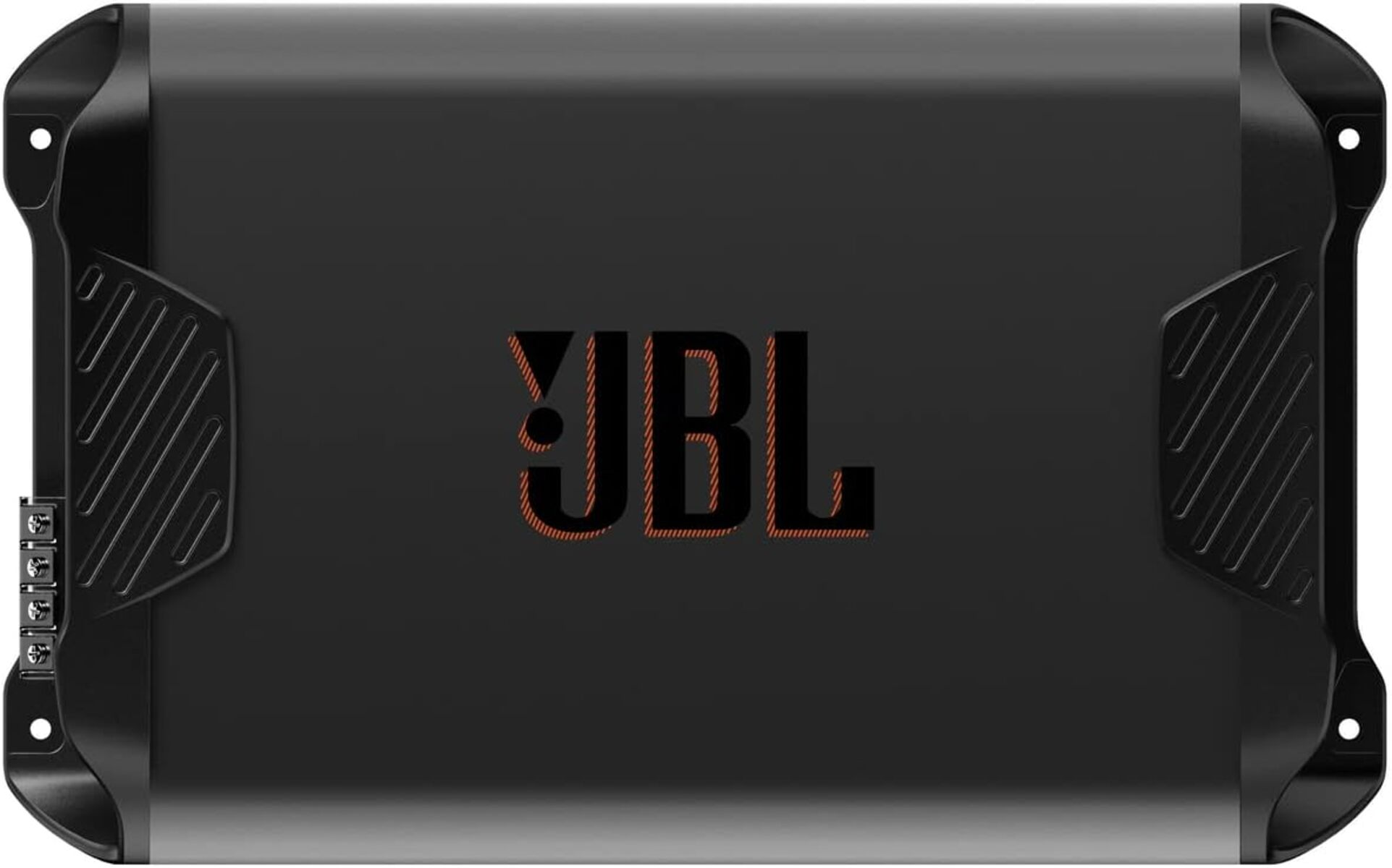 Schwarzer JBL-Verstärker. Das JBL-Logo ist orange. Der Verstärker hat Eingangs- und Ausgangsanschlüsse.