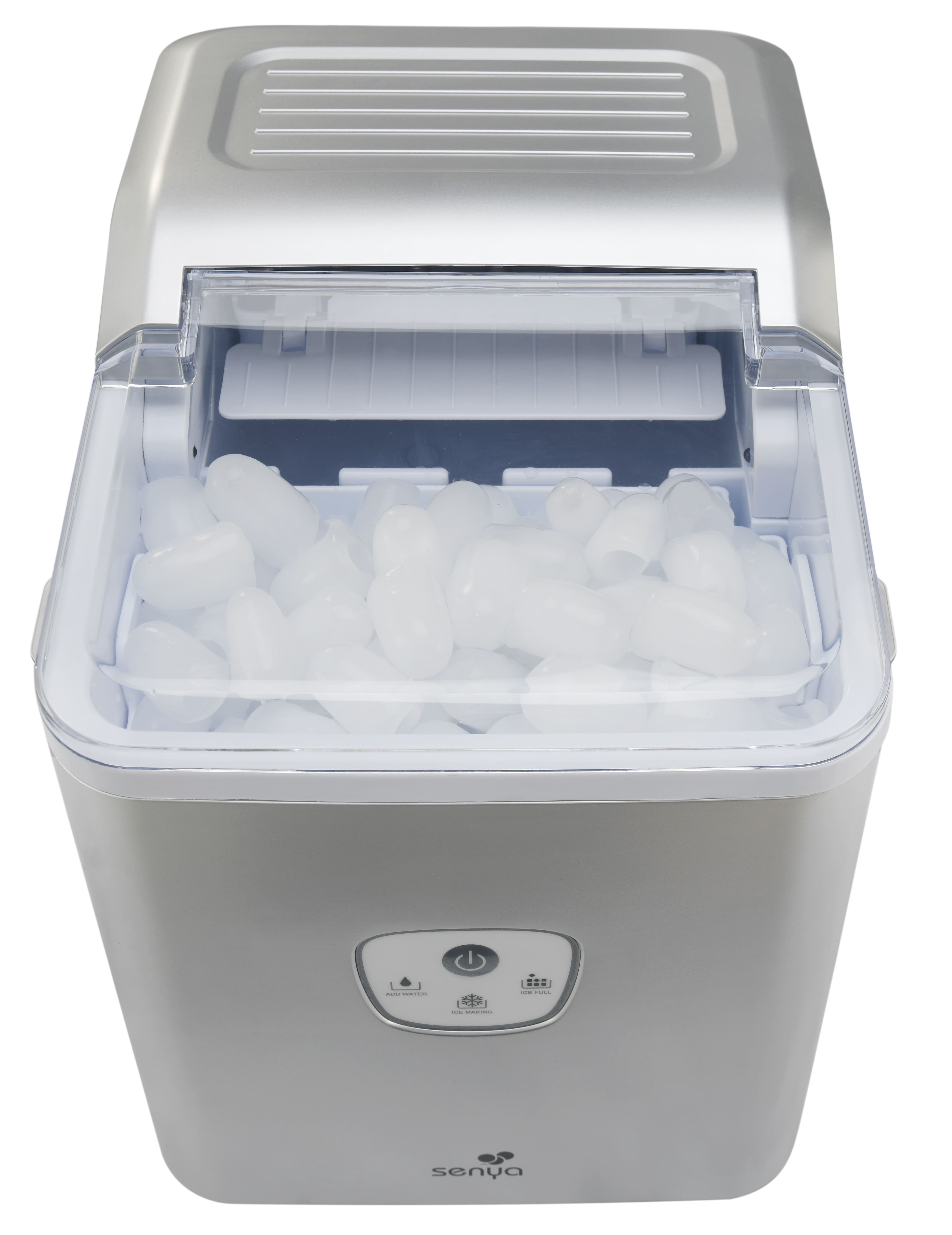 Draufsicht auf einen silbernen Eisbereiter mit geöffnetem transparenten Deckel, Eiswürfel sichtbar.