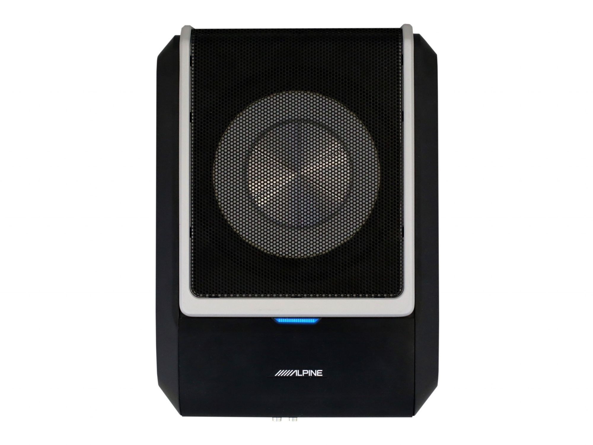 Schwarzer Auto-Subwoofer mit Mesh-Gitter und blauem Licht, weißer Hintergrund.