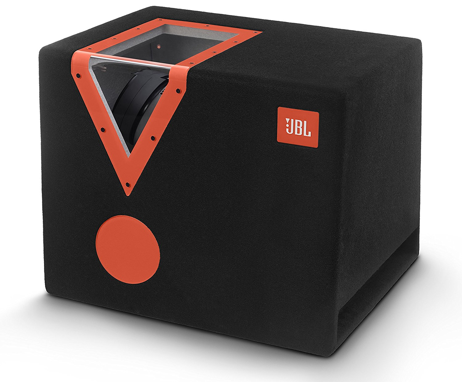 Cassa subwoofer nera con dettagli arancioni, logo JBL, su superficie bianca.