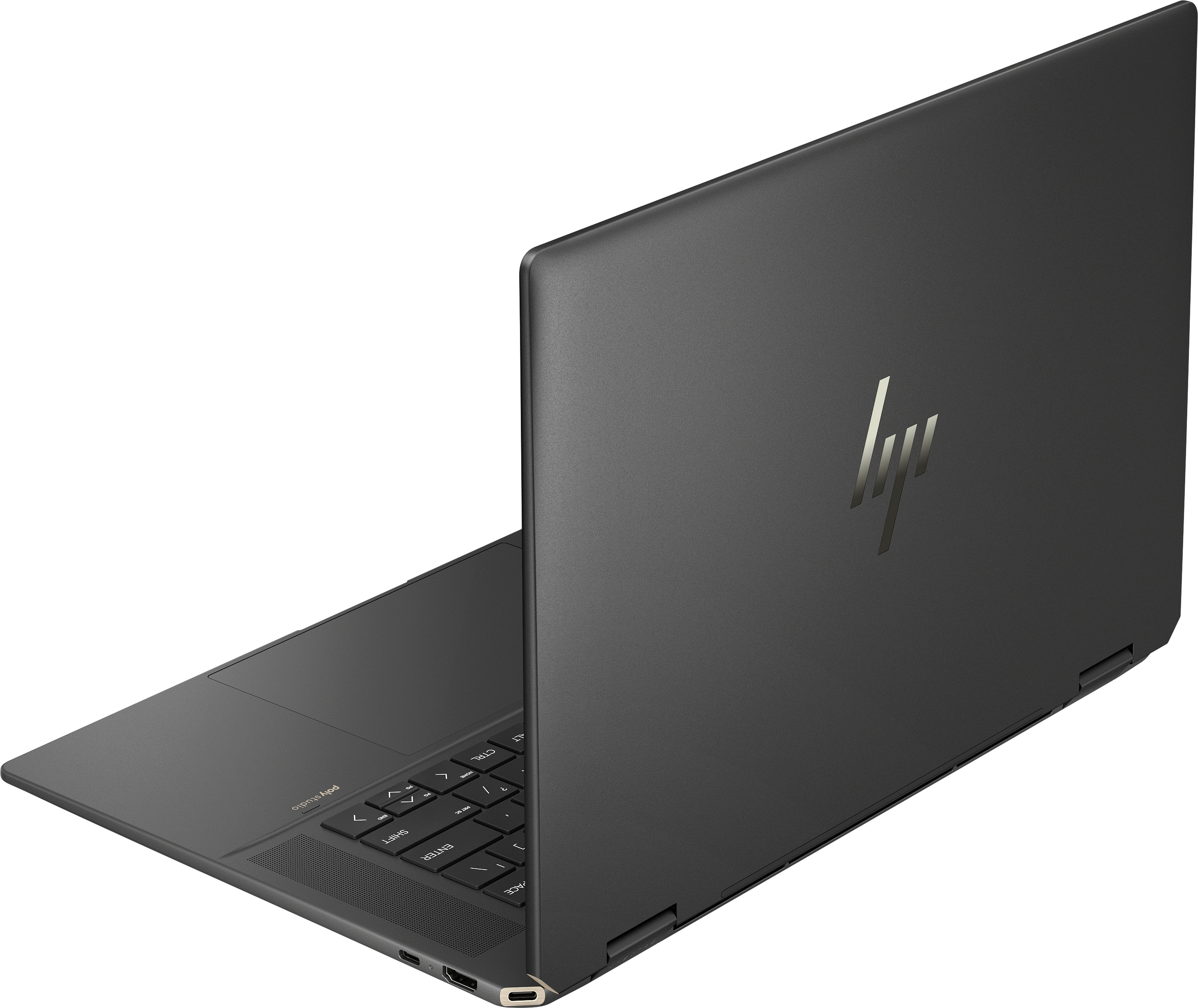Ciemnoszary laptop otwarty, pokazujący klawiaturę i ekran z logo HP z tyłu.