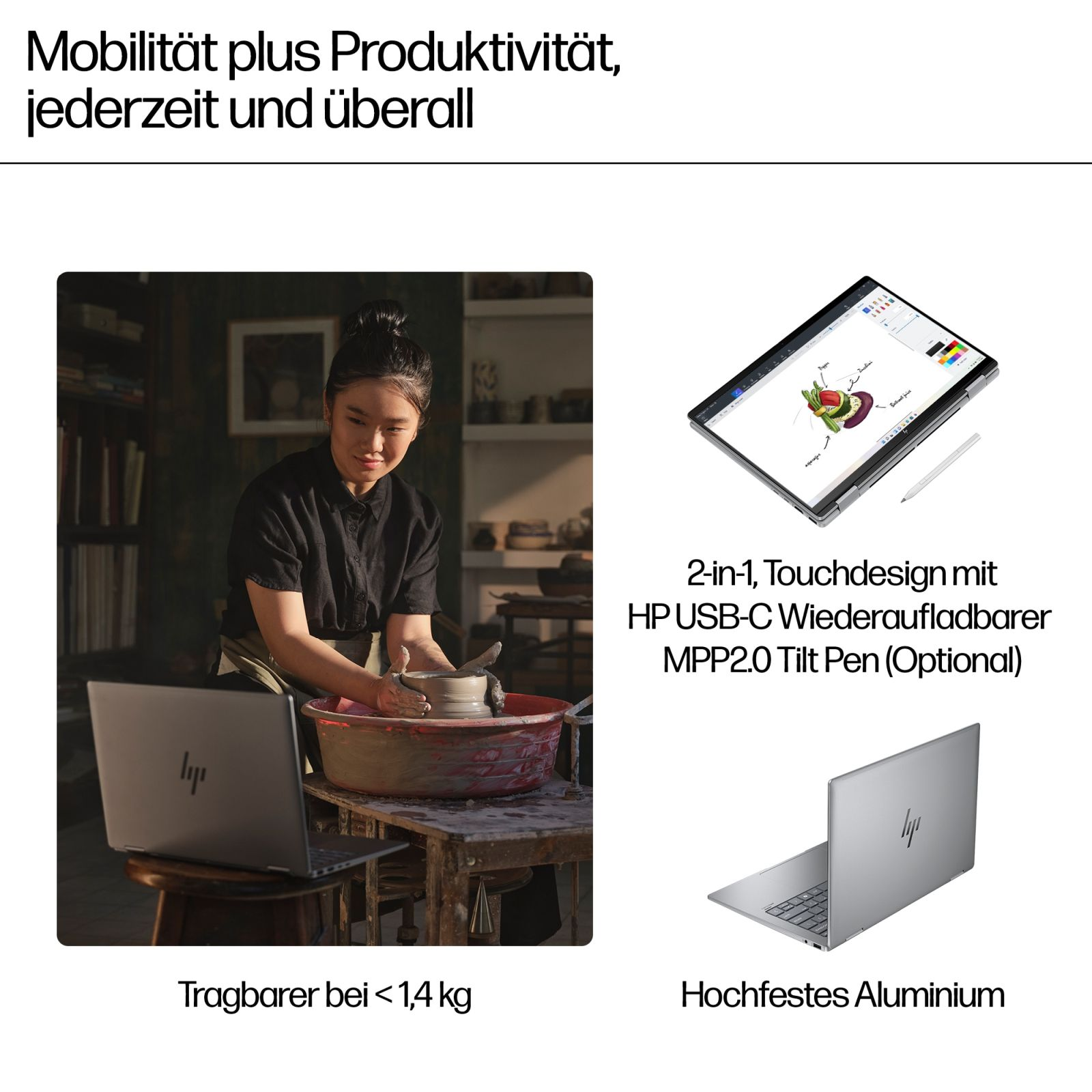 Frau arbeitet an einer Töpferscheibe, Laptop in der Nähe. Zwei Laptops gezeigt, einer offen auf einem Tisch.