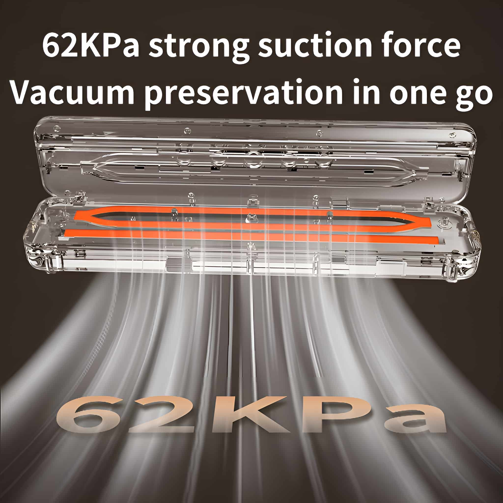 Ein geöffneter Vakuumierer. Text sagt 62KPa Saugkraft und Vakuumkonservierung in einem Durchgang.