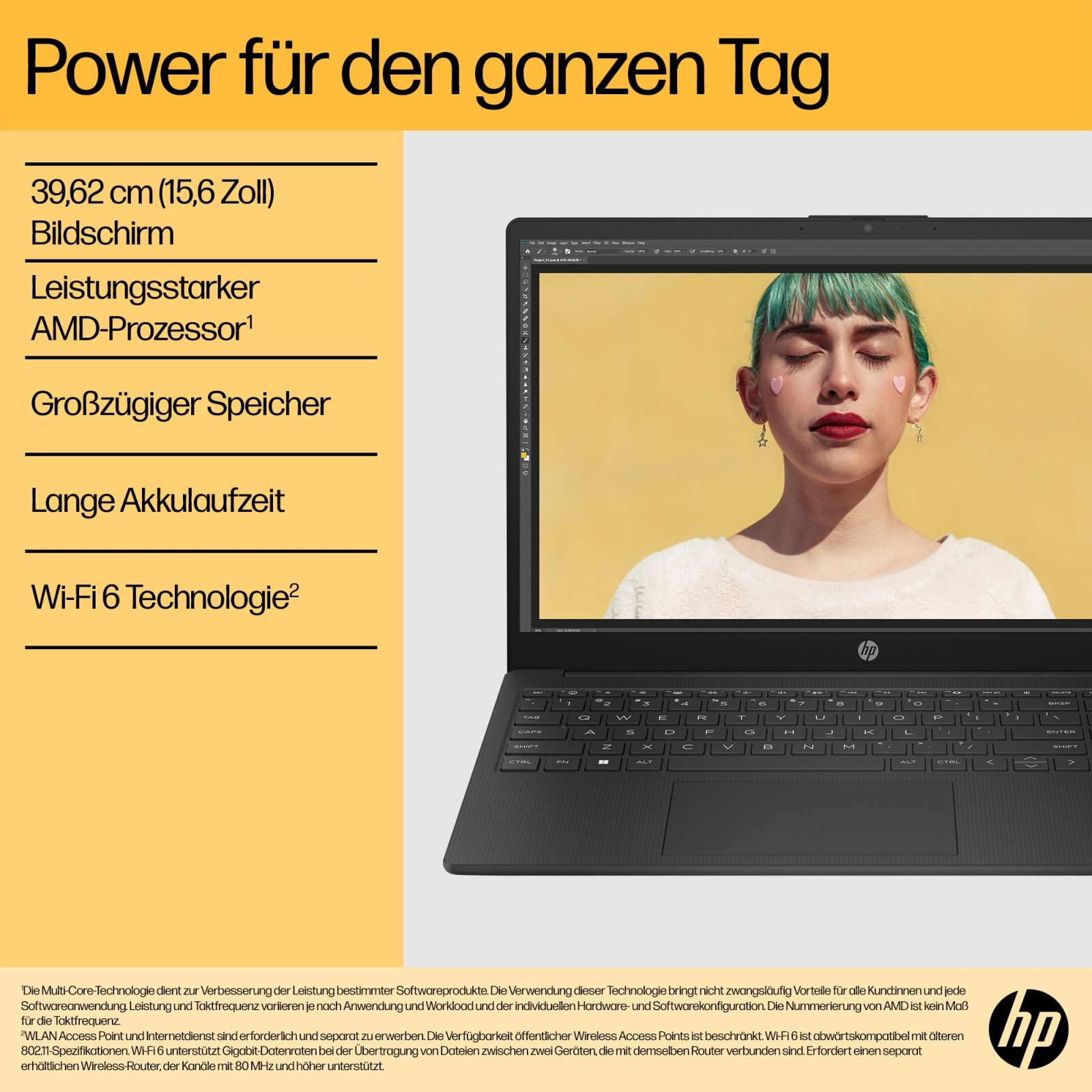 Laptop mit junger Person mit rosa Herzen im Gesicht. Text über Leistung und Wi-Fi 6.