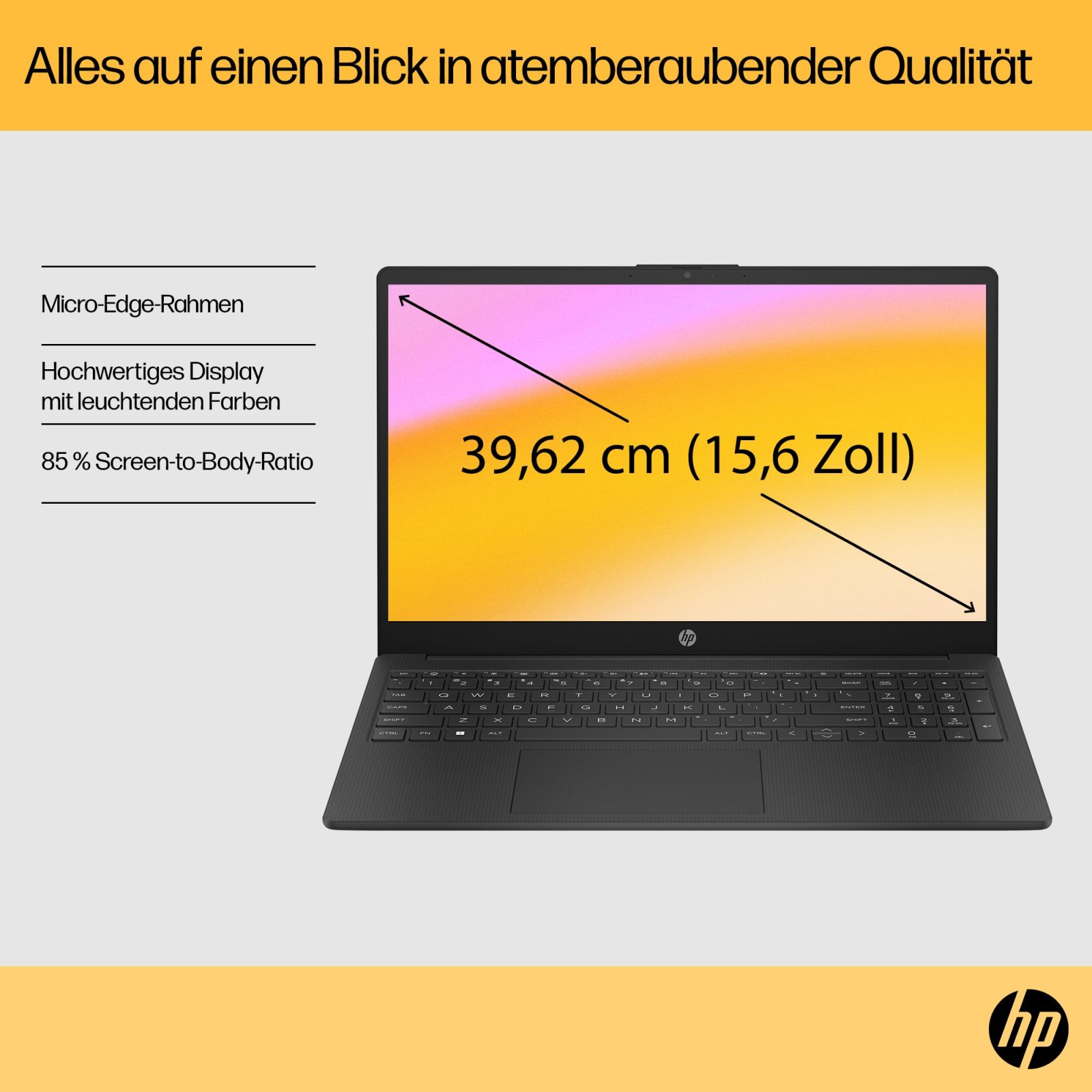 Schwarzer Laptop auf weißem Hintergrund. Der Bildschirm zeigt die Größe in cm an. Oben steht 'Alles auf einen Blick...'