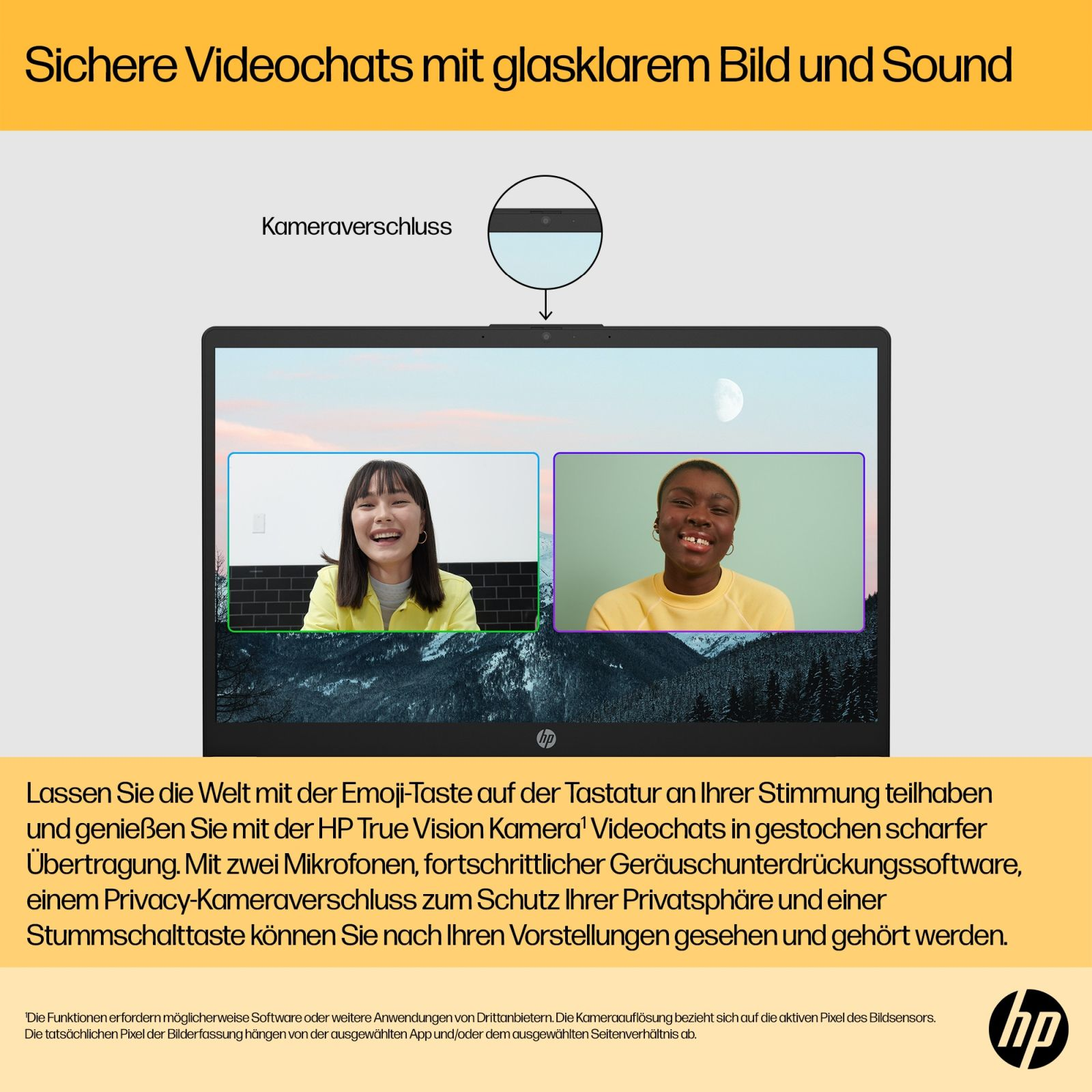 Ein Laptop-Bildschirm, der zwei Personen in Videoanrufen zeigt, mit Text über Video-Chats.