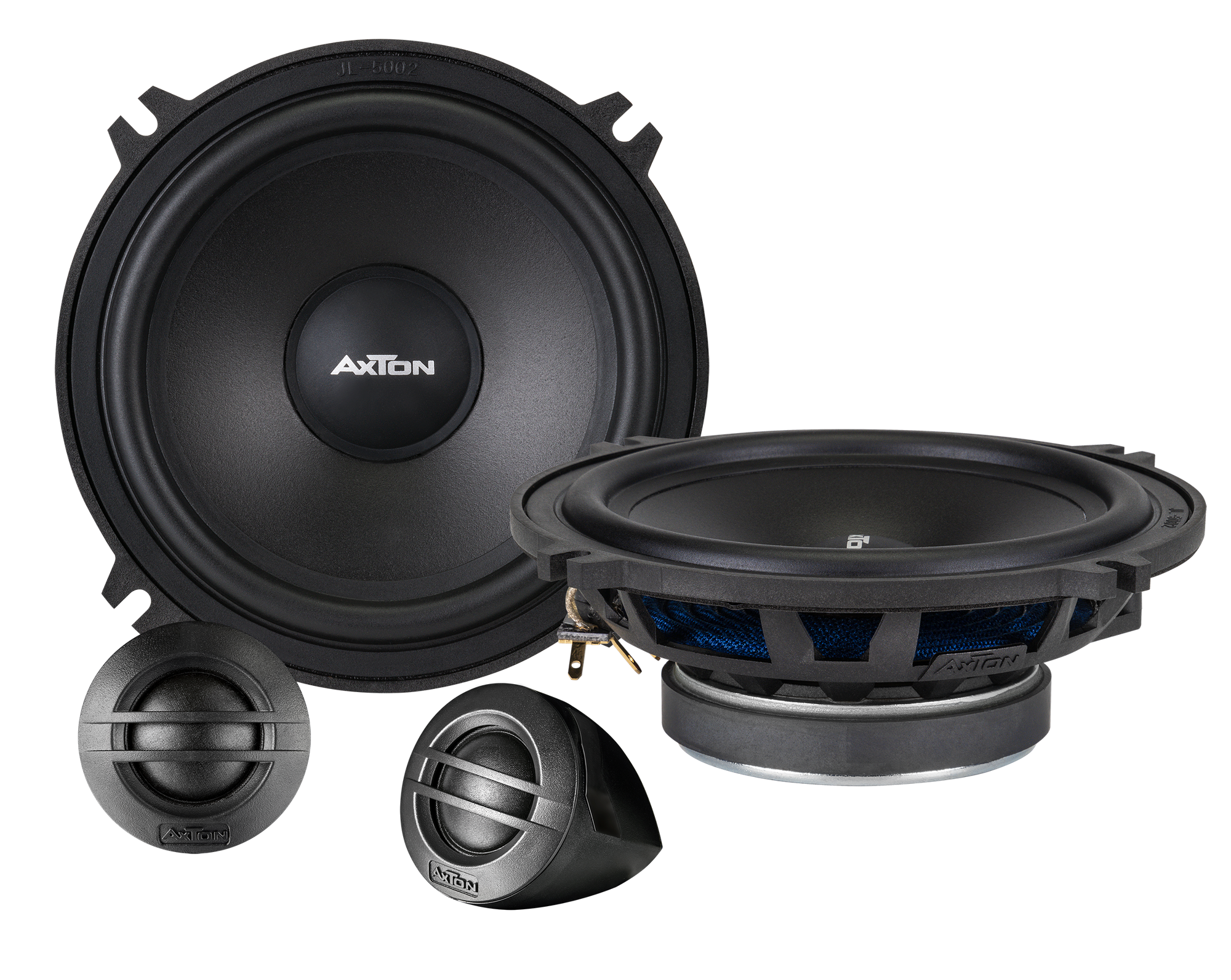 Auto-Lautsprecher in Schwarz, einschließlich eines Subwoofers.