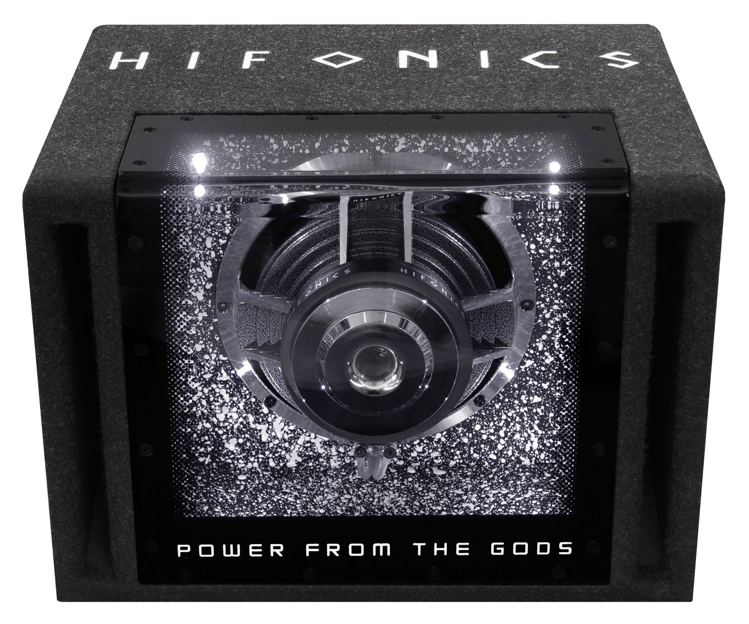 Schwarzer Auto-Subwoofer mit dem Markennamen 'HIFONICS' und Text 'POWER FROM THE GODS'.