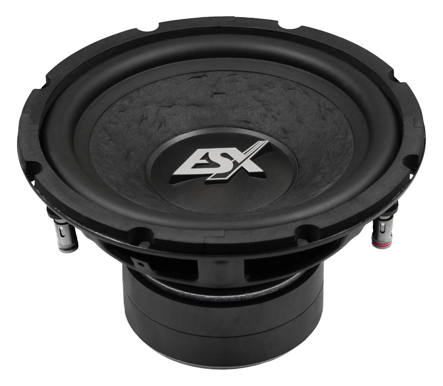 Ein schwarzer Subwoofer-Lautsprecher mit einem Metalllogo. Er ist auf weißem Hintergrund.