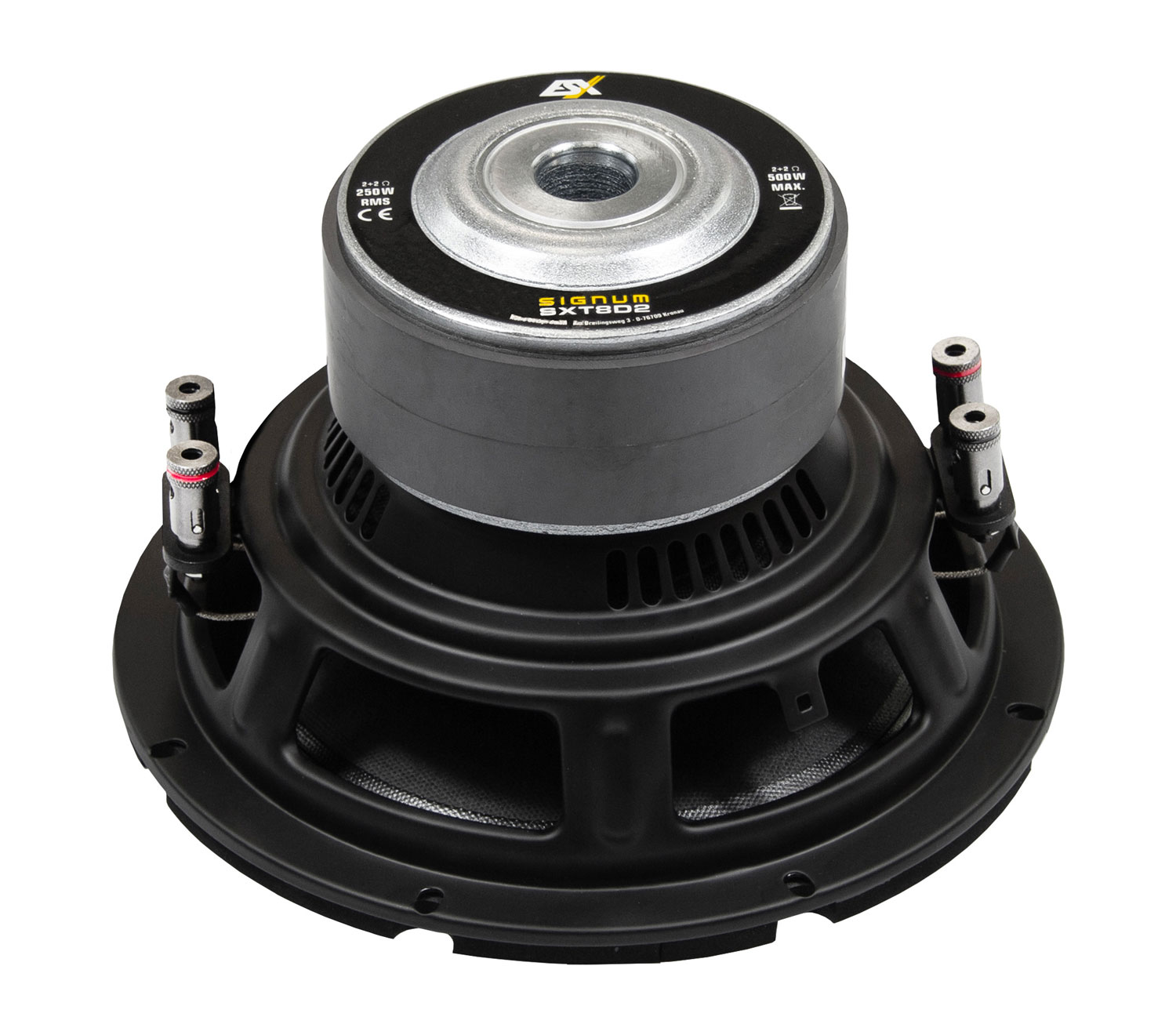 Schwarzer Subwoofer mit silbernem Zentrum, umgeben von Anschlüssen, auf weißem Hintergrund.