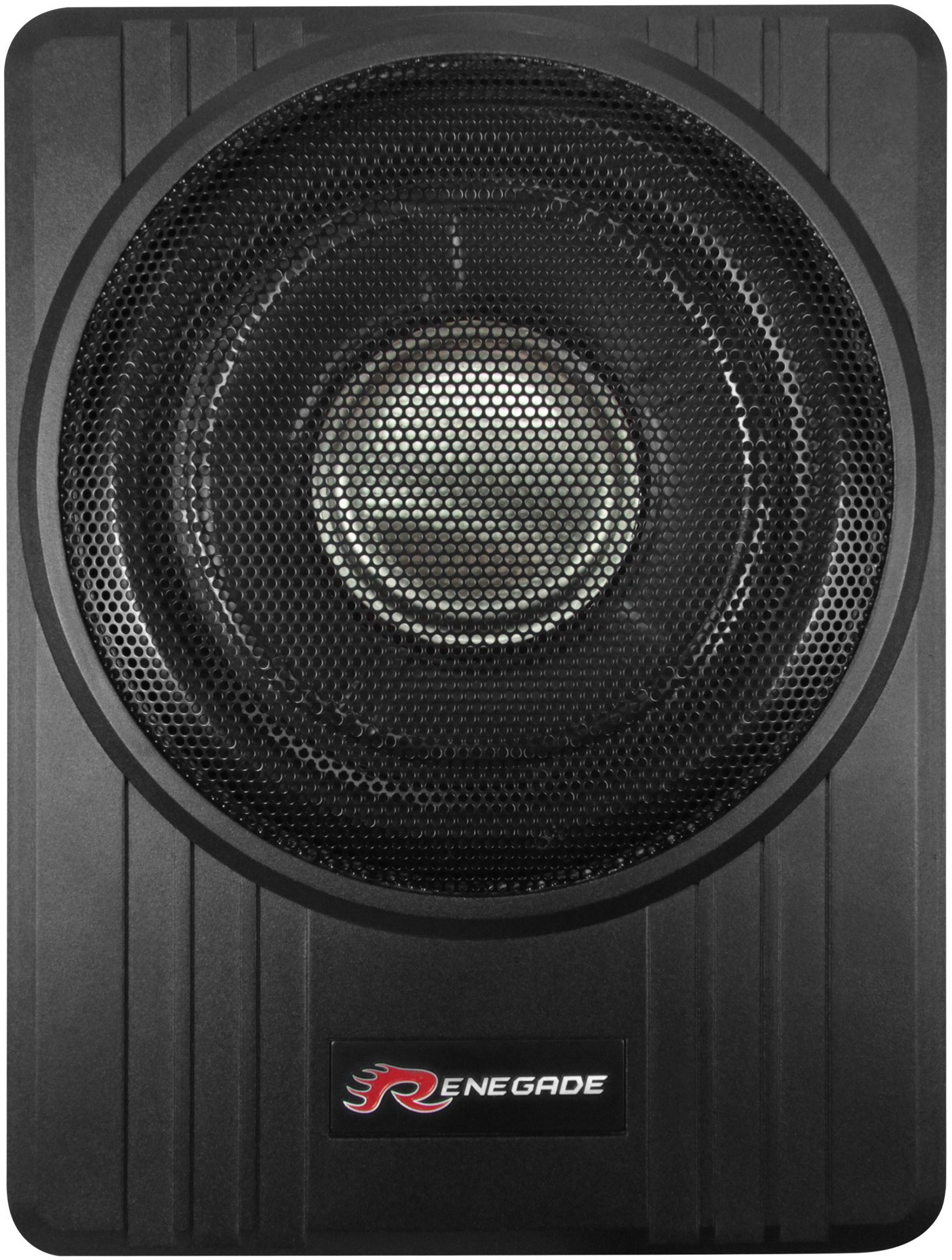 Ein schwarzer Subwoofer mit einem runden Lautsprechergrill und dem Markennamen 'RENEGADE'.