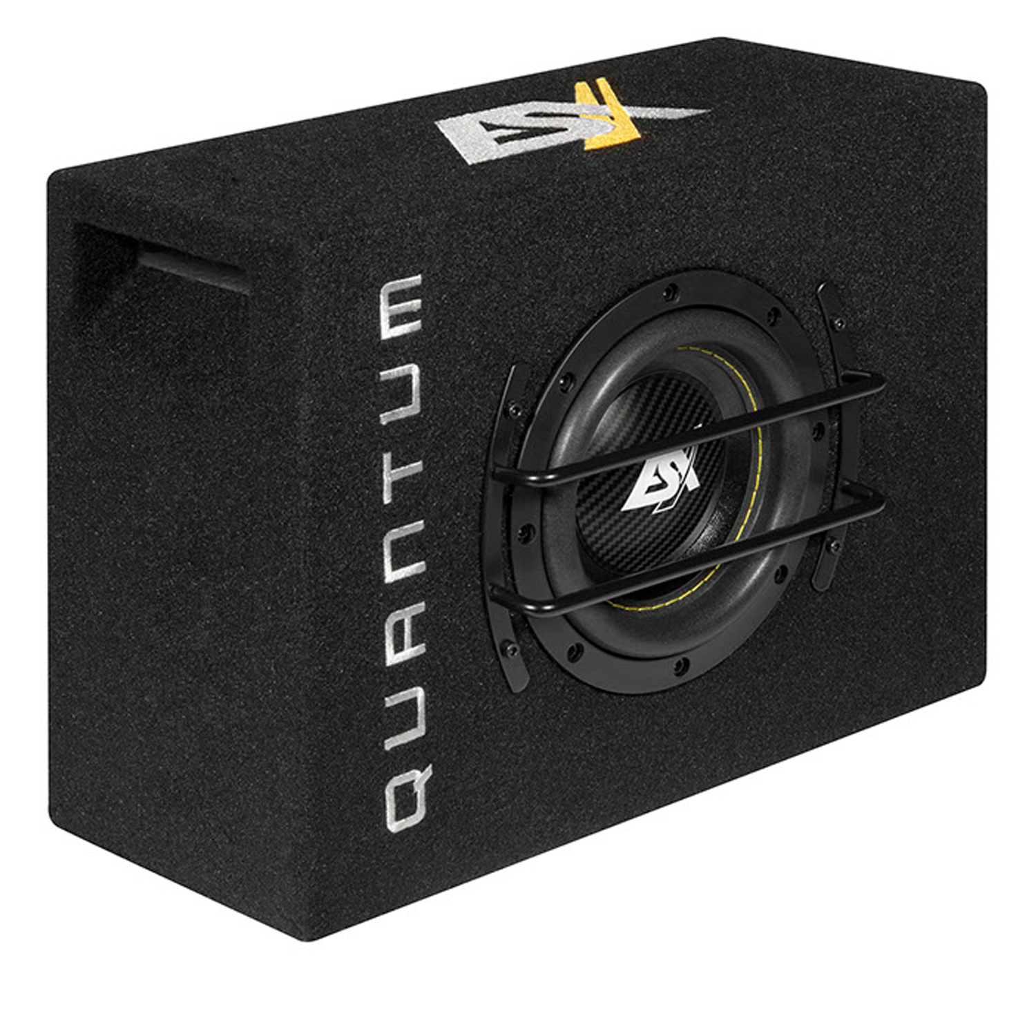 Eine schwarze Subwoofer-Box mit Schutzgitter und dem Wort QUANTUM.