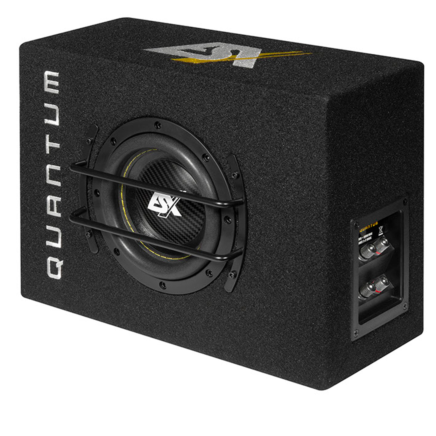 Ein schwarzer Subwoofer mit Lautsprecher und Grill, mit dem Wort QUANTUM auf der Seite.
