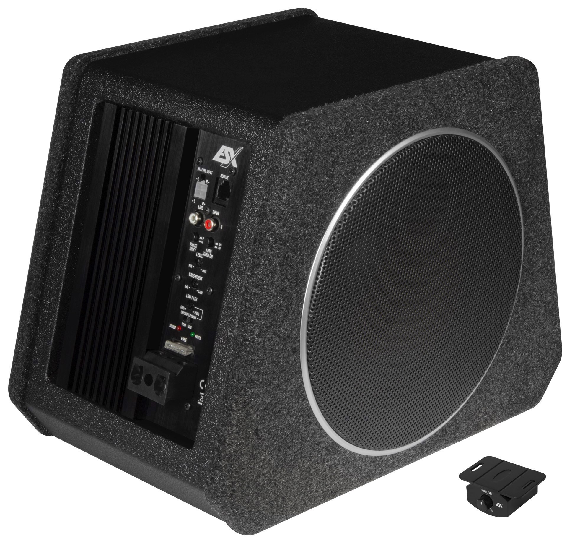 Schwarzer Subwoofer mit großem kreisförmigen Lautsprecher und kleinem Bedienfeld an der Seite.