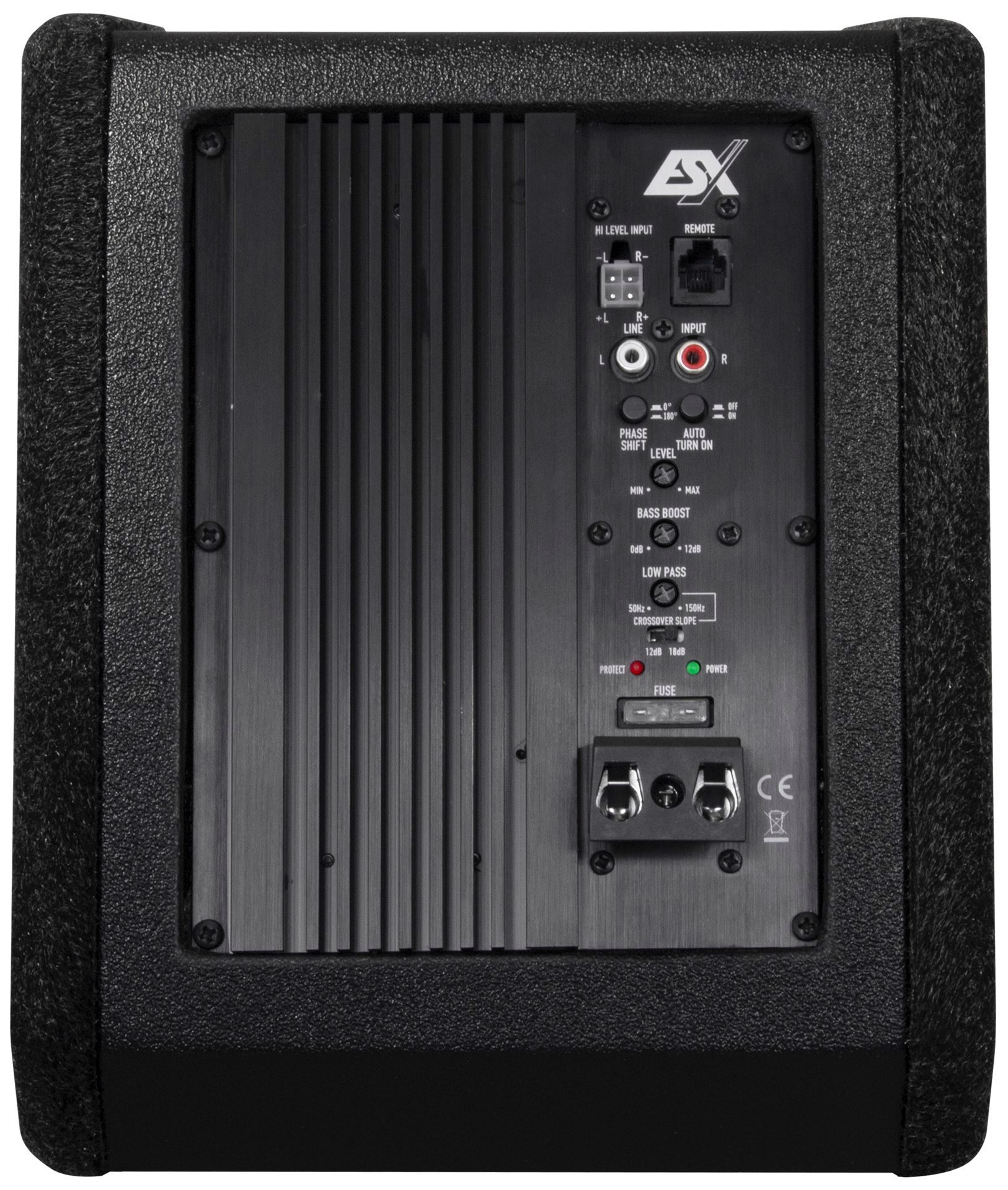 Schwarzer Subwoofer-Verstärker, mit Anschlüssen, Knöpfen und Beschriftungen auf der Rückseite.