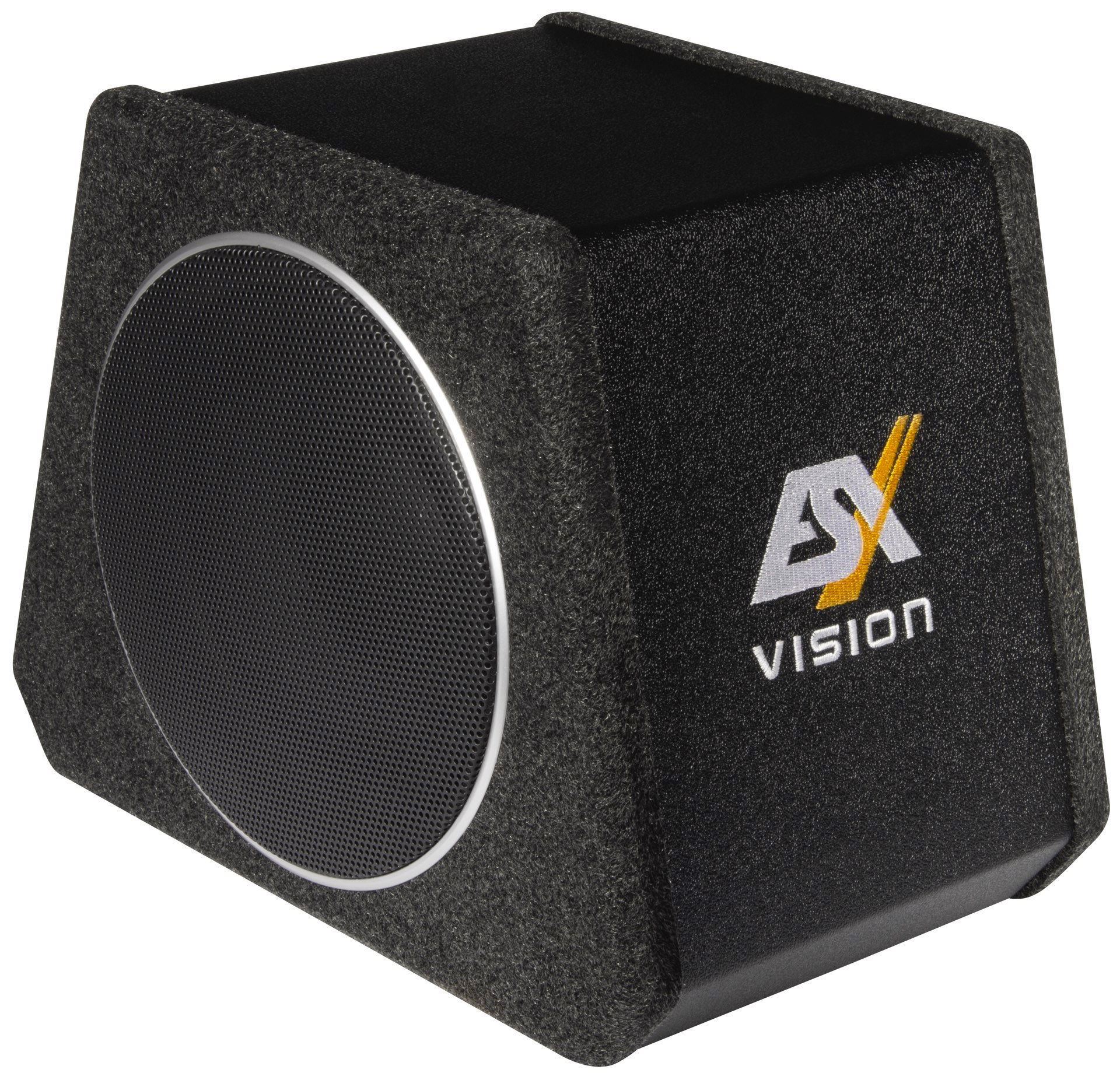 Schwarzer Auto-Subwoofer. Er hat einen runden Lautsprechergrill und das Wort "VISION" ist aufgedruckt.