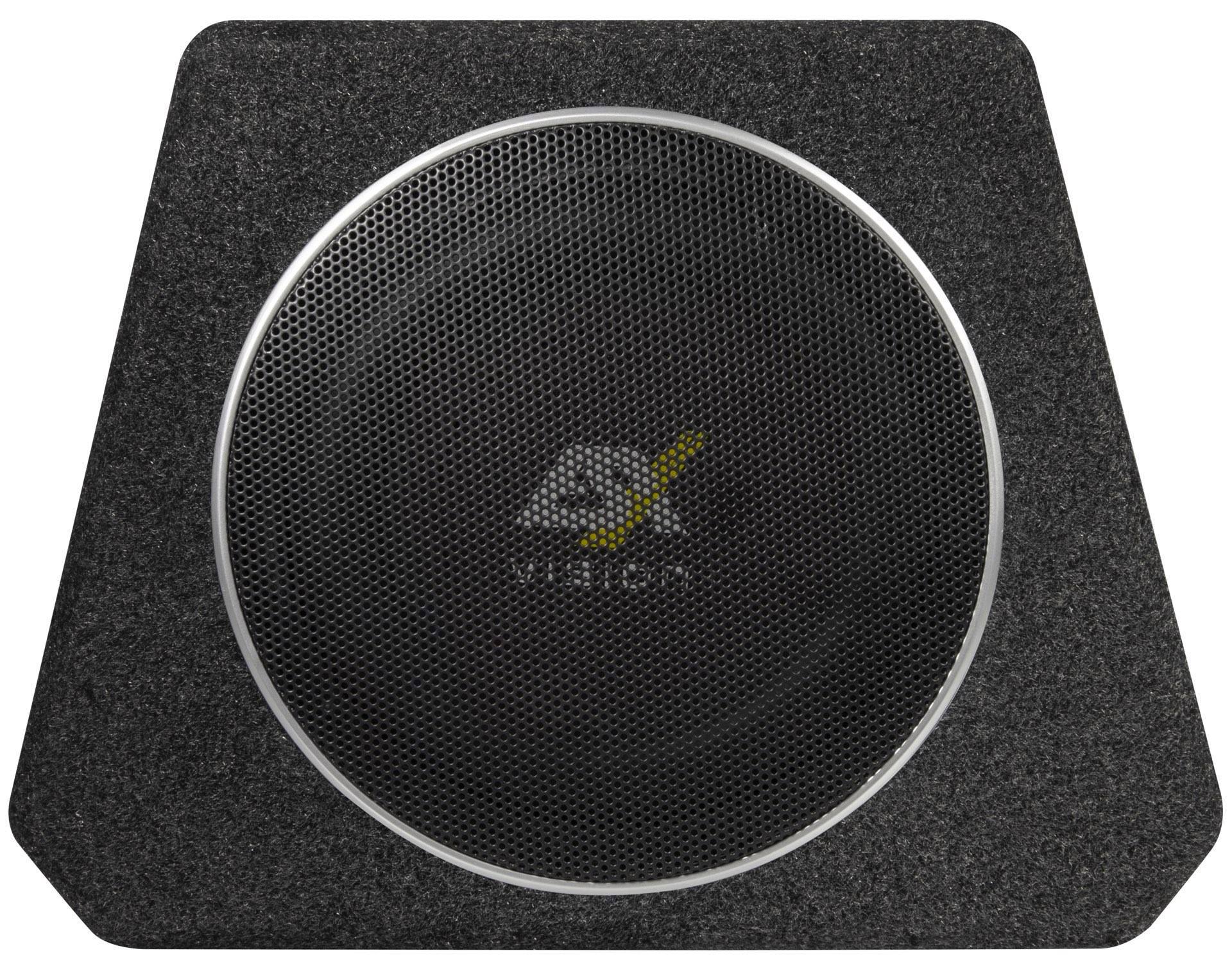 Schwarzer Subwoofer in einem grauen Gehäuse. Rundes Gitter in der Mitte, mit Logo.