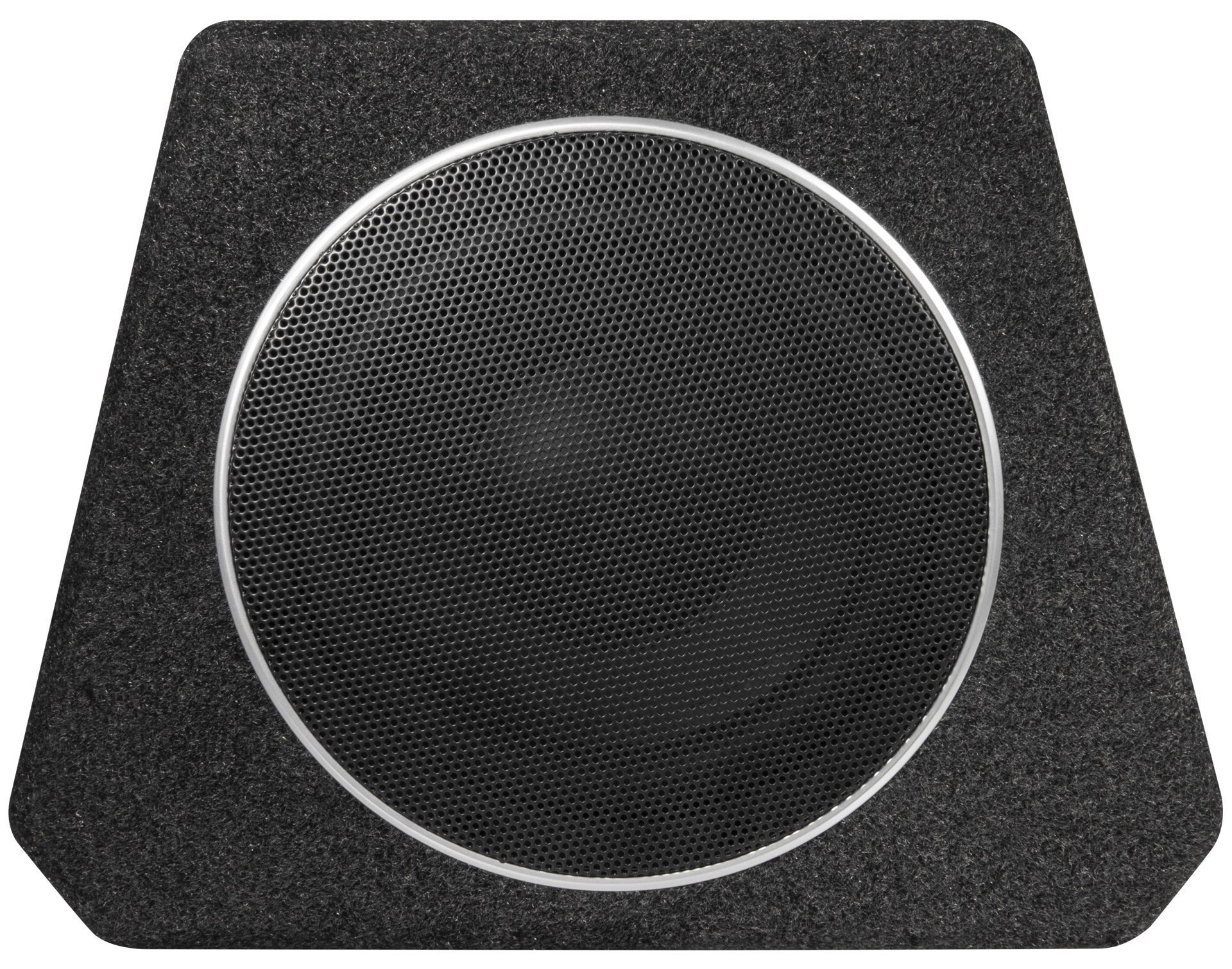 Auto-Subwoofer-Lautsprecher. Schwarz mit einem metallisch-silbernen Ring um den Lautsprecher.