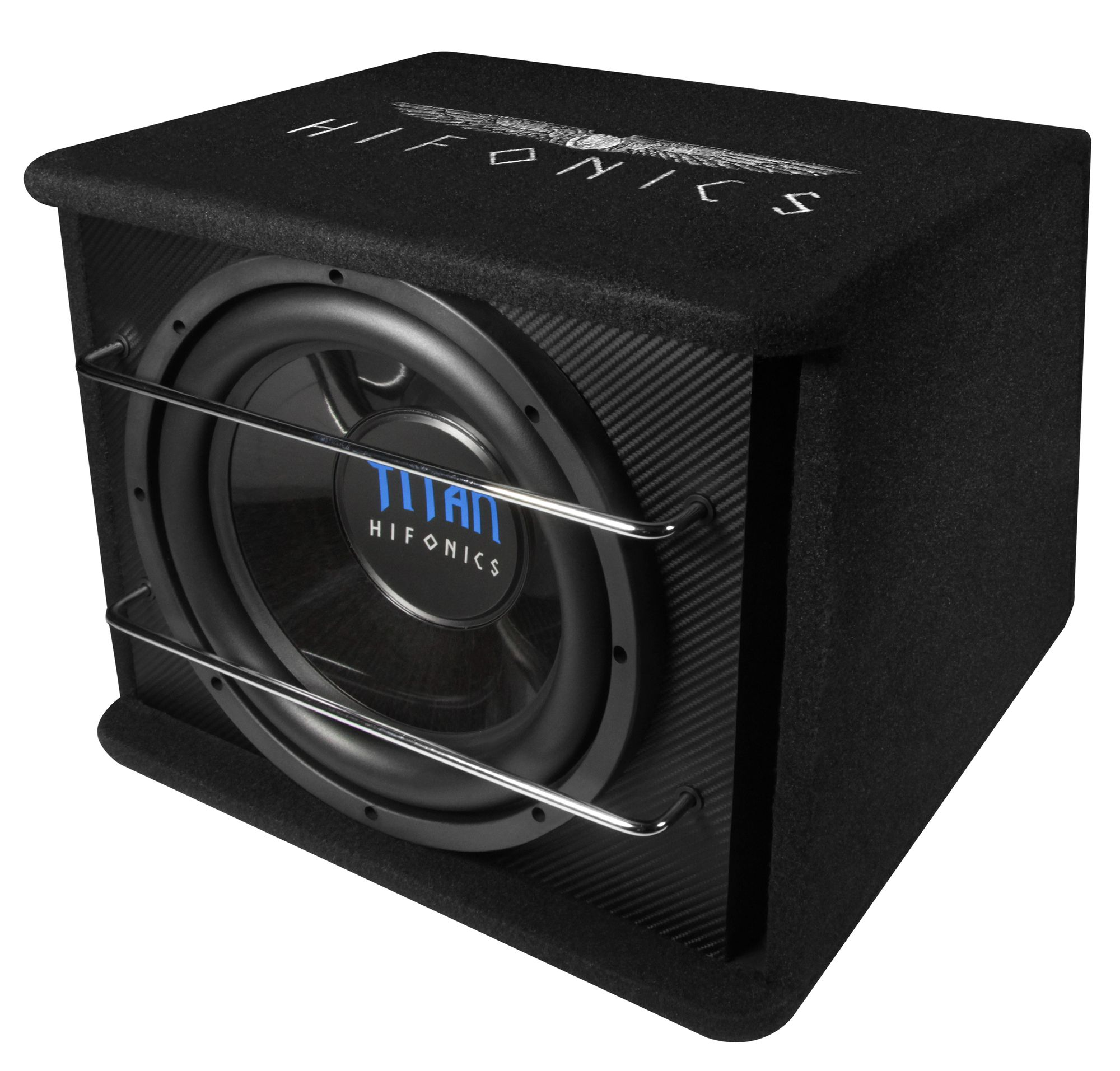 Schwarze Subwoofer-Box mit Lautsprecher, Metallgitter und dem Markennamen Hifonics.