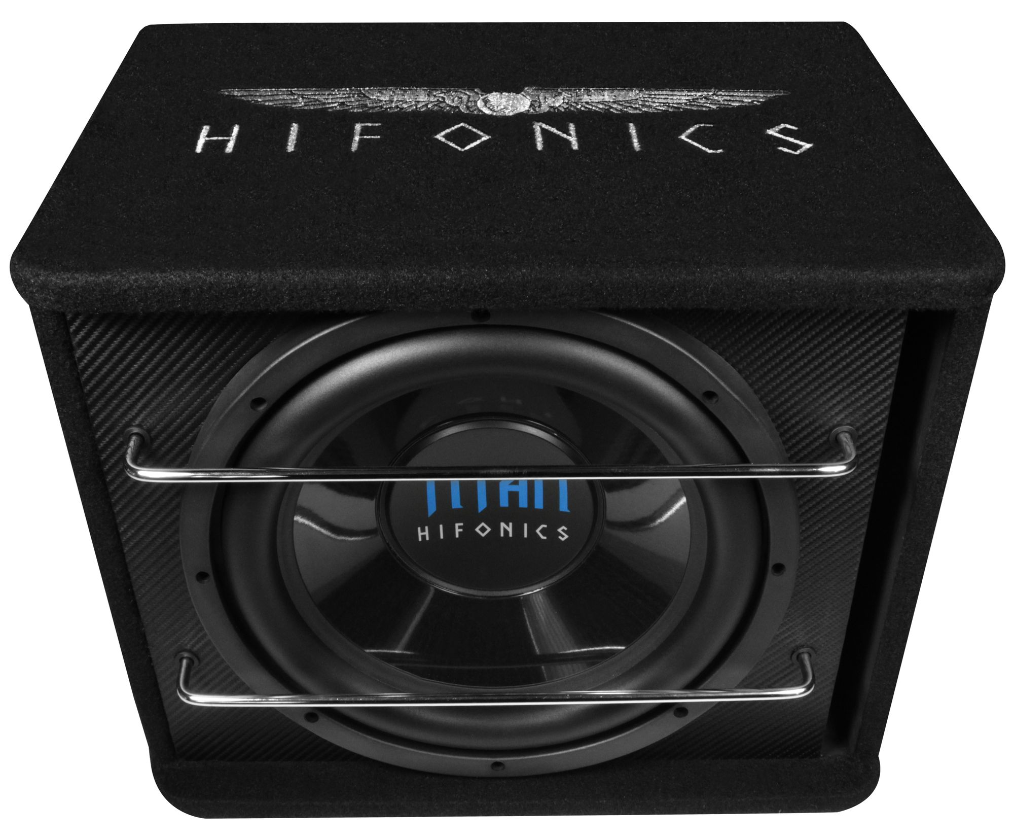Schwarze Subwoofer-Box mit Metallgitter und dem Hifonics-Logo.
