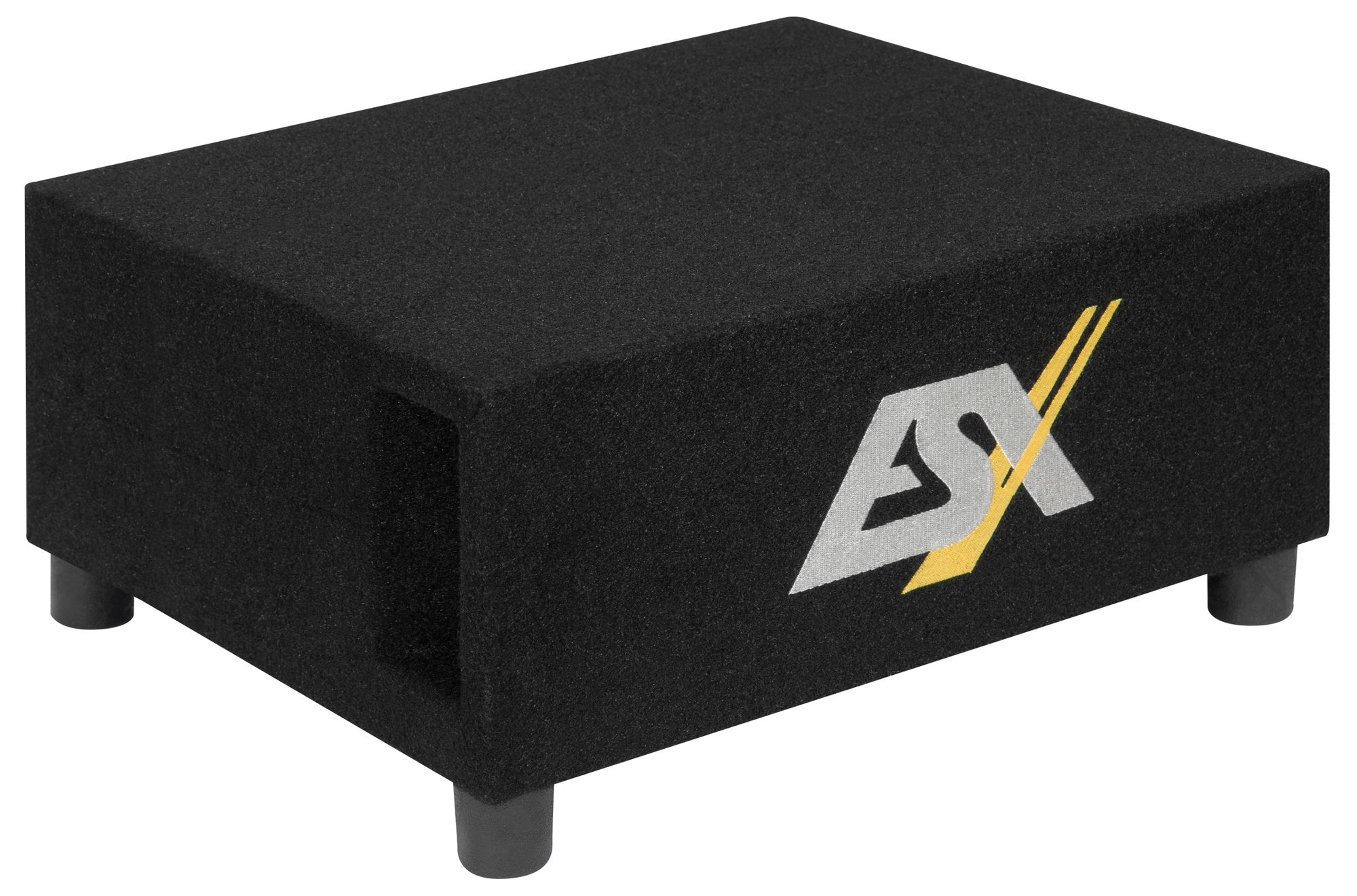 Schwarzer Subwoofer-Lautsprecher mit dem Logo ASX auf der rechten Seite, mit weißem Hintergrund.