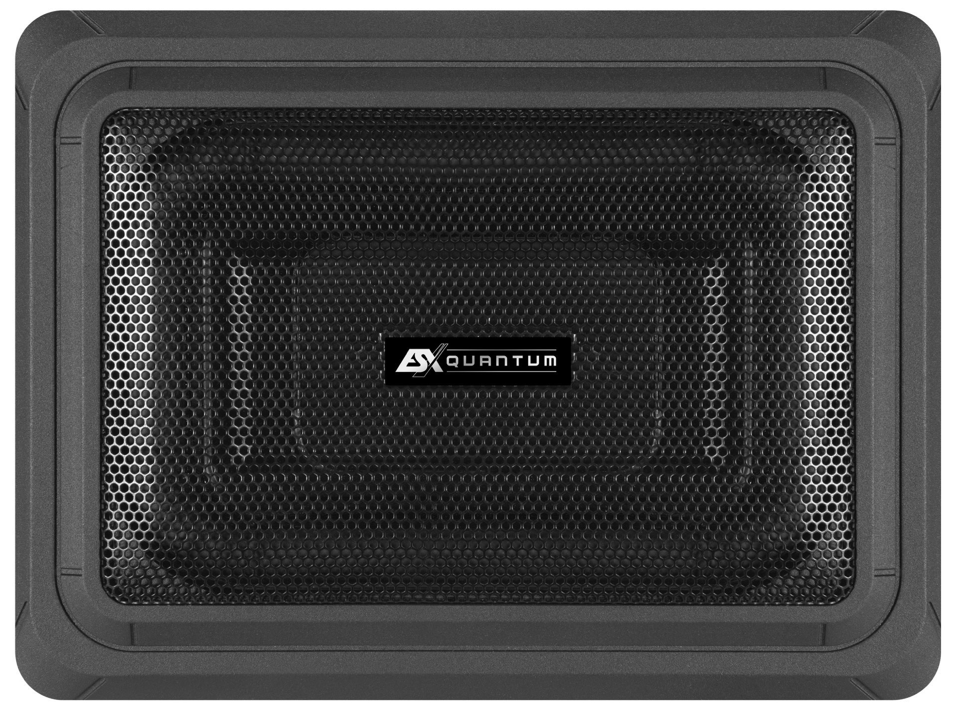 Schwarzer Subwoofer-Lautsprecher mit Wabenmuster-Gitter. Der Lautsprecher hat eine rechteckige Form mit schwarzem Rahmen.