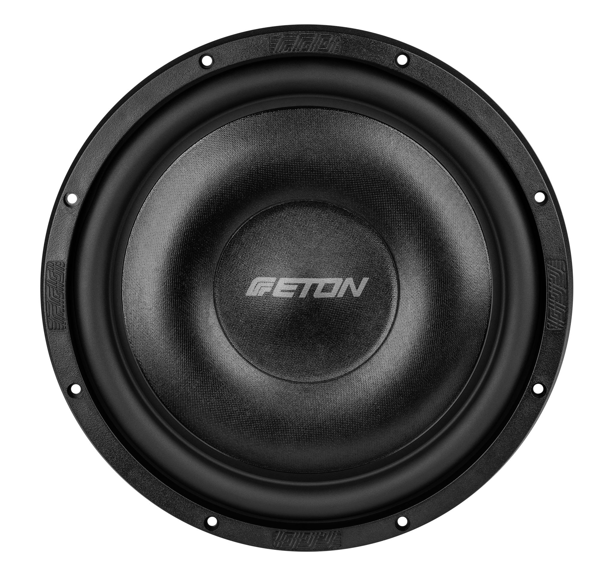Schwarzer Subwoofer mit dem Wort 'ETON' in Weiß, umgeben von schwarzem Rand und Lautsprechertrichter.