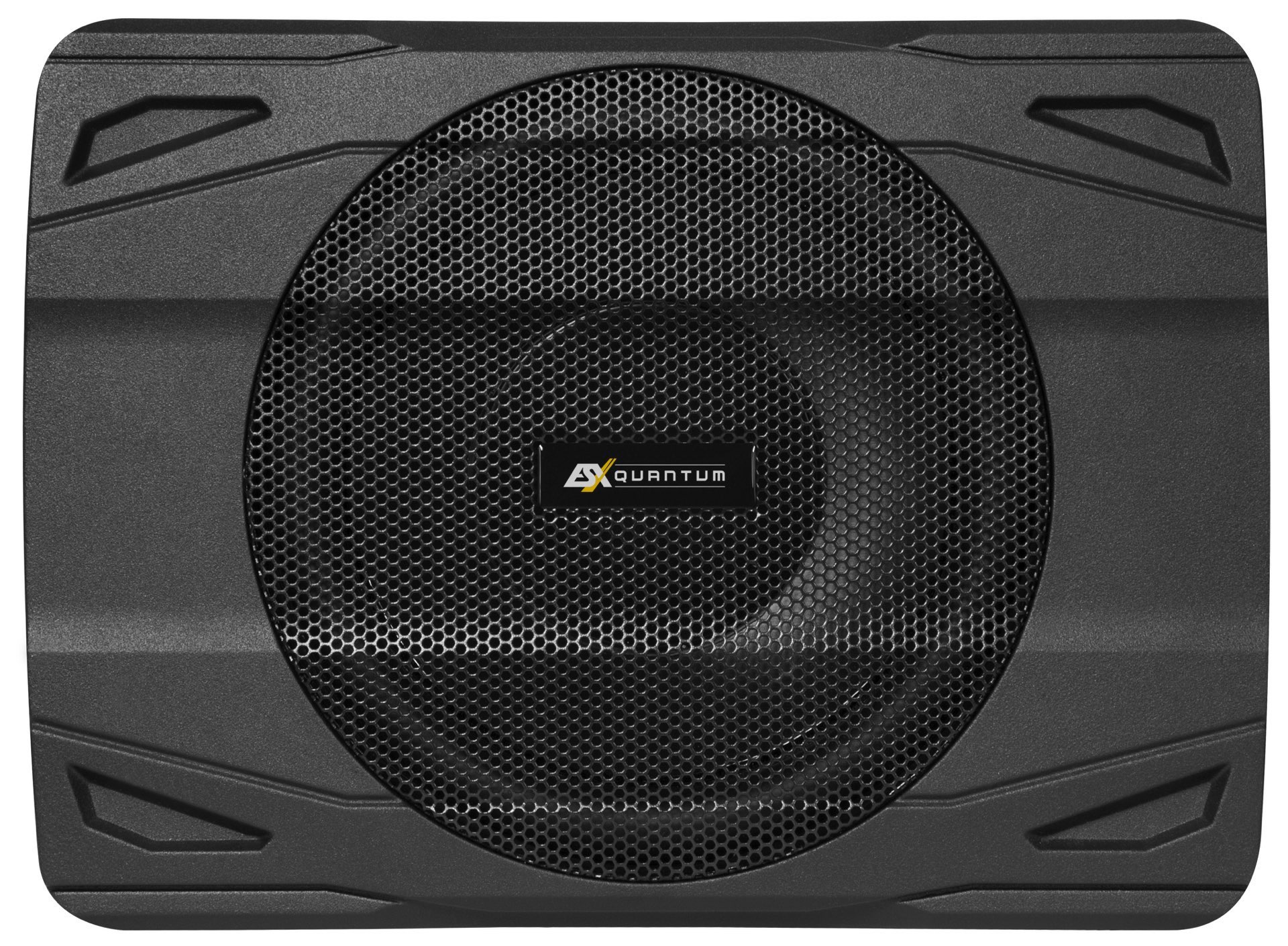 Schwarzer Auto-Subwoofer mit Mesh-Gitter und dem Logo 'AX QUANTUM'. Rechteckige Form.