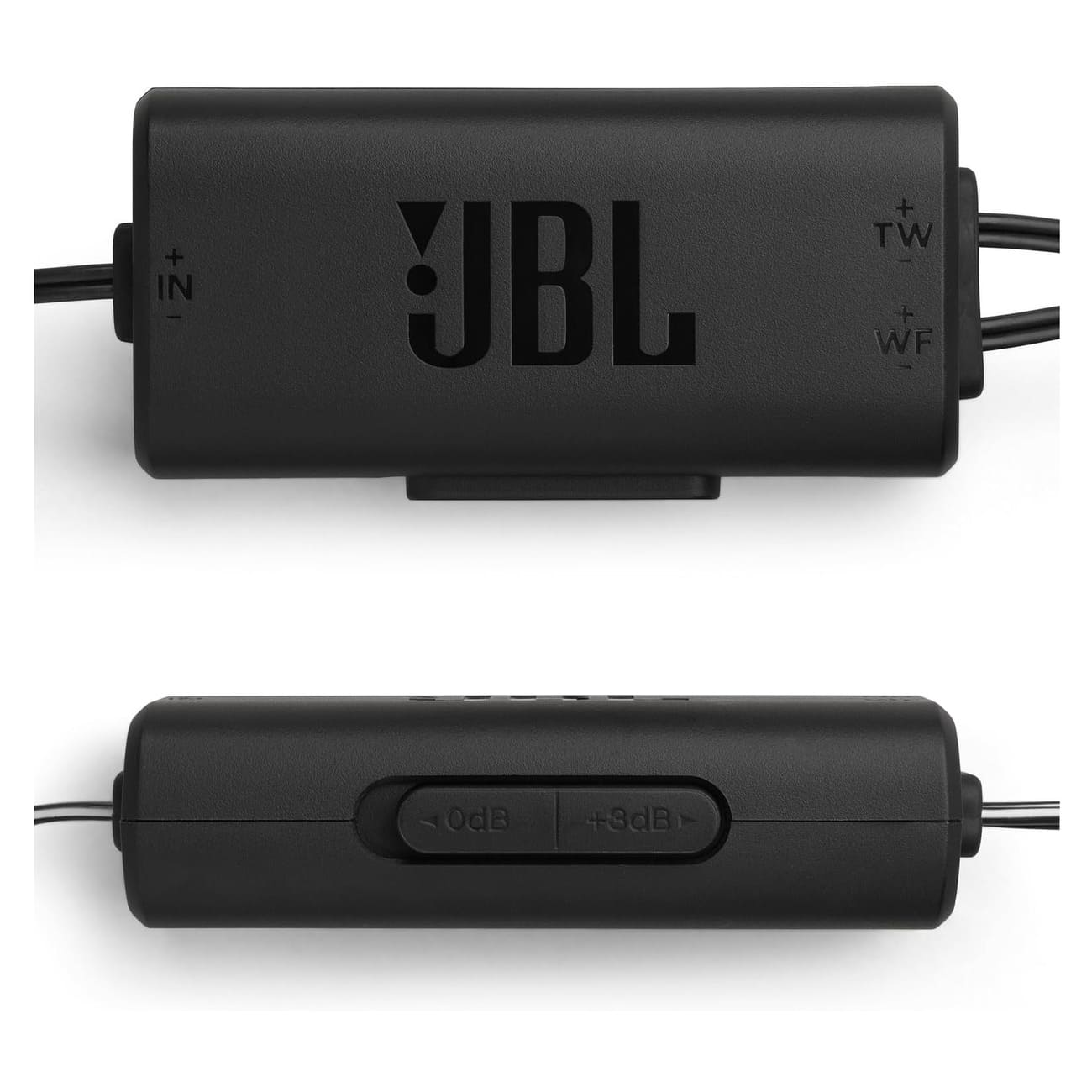 Adaptateur audio JBL noir. Vues supérieure et inférieure montrent entrées et sorties. Contrôle du volume frontal.
