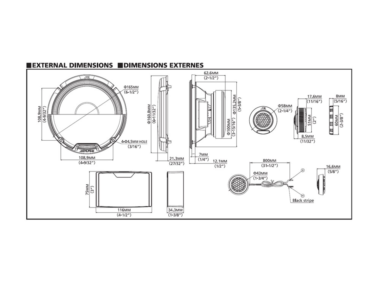 Diagramm eines Auto-Lautsprechers mit Abmessungen und Maßen in Millimetern.