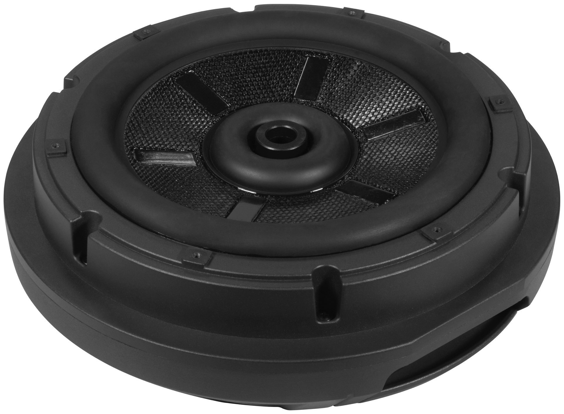 Ein schwarzer Subwoofer-Lautsprecher, runde Form. In der Mitte befindet sich eine Netzabdeckung über dem Lautsprecher.
