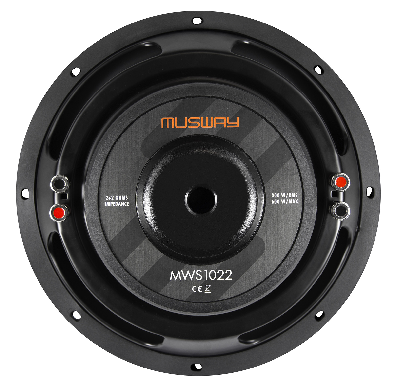 Schwarzer Subwoofer mit orangefarbenem Markennamen 'MUSWAY' und technischen Daten.