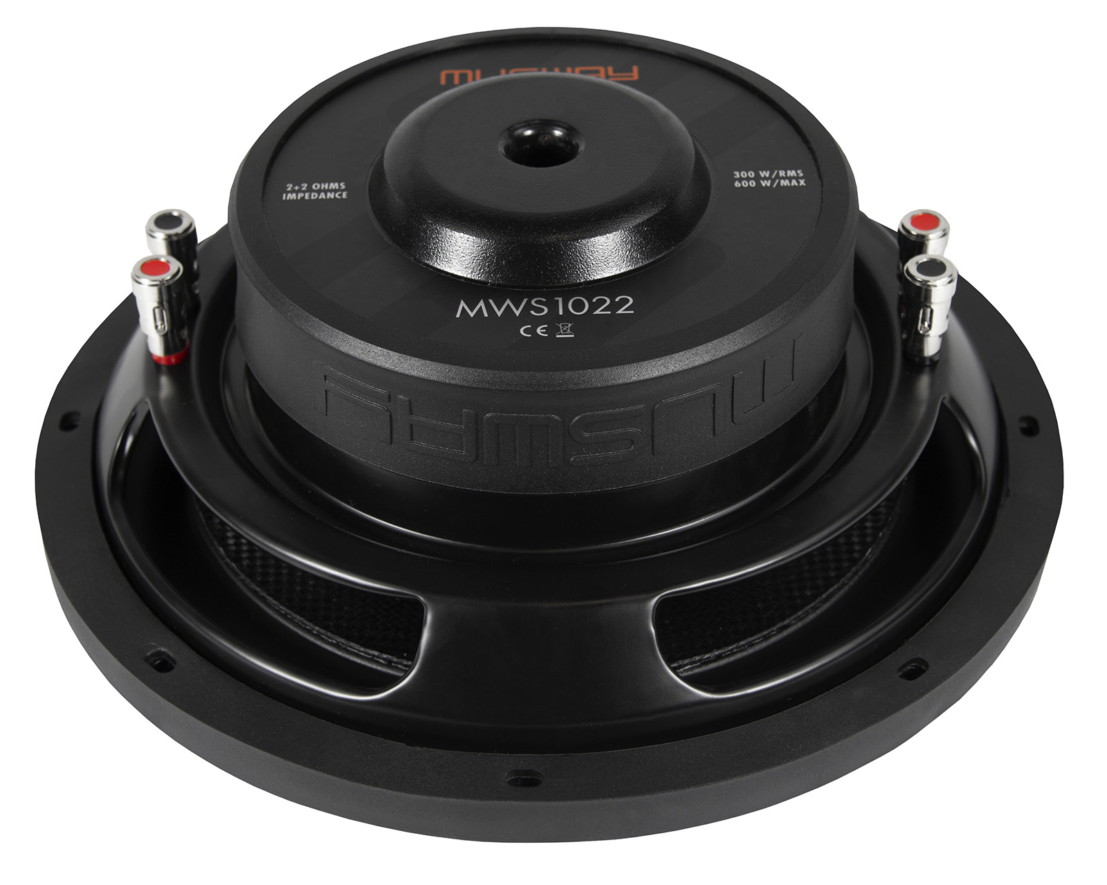Ein schwarzer Subwoofer mit dem Markennamen Musway. Er hat eine schwarze Sicke und rote und schwarze Anschlüsse.