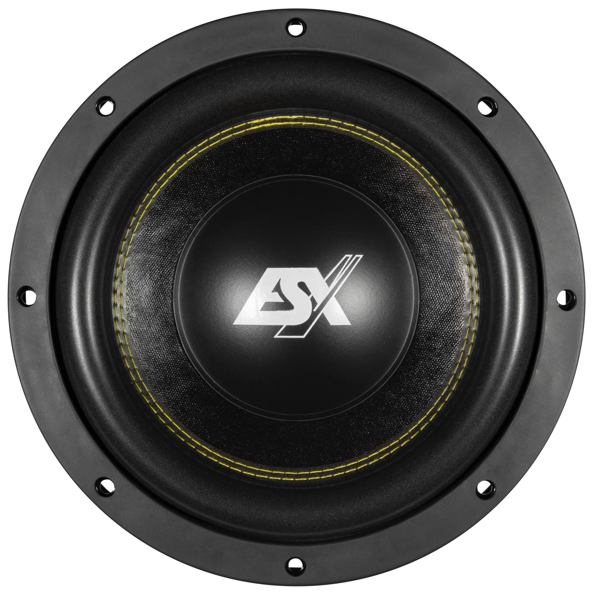 Schwarzer Subwoofer-Lautsprecher mit einem gelb genähten Kreis.