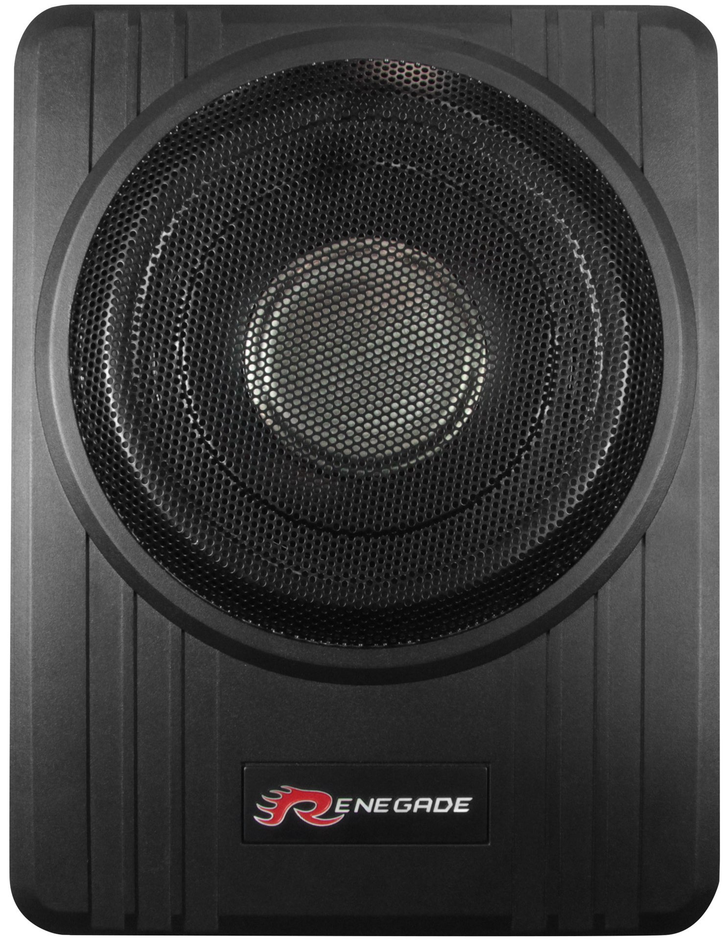 Schwarzer Renegade-Subwoofer. Kreisförmiger Grill in der Mitte. Die Box ist rechteckig.