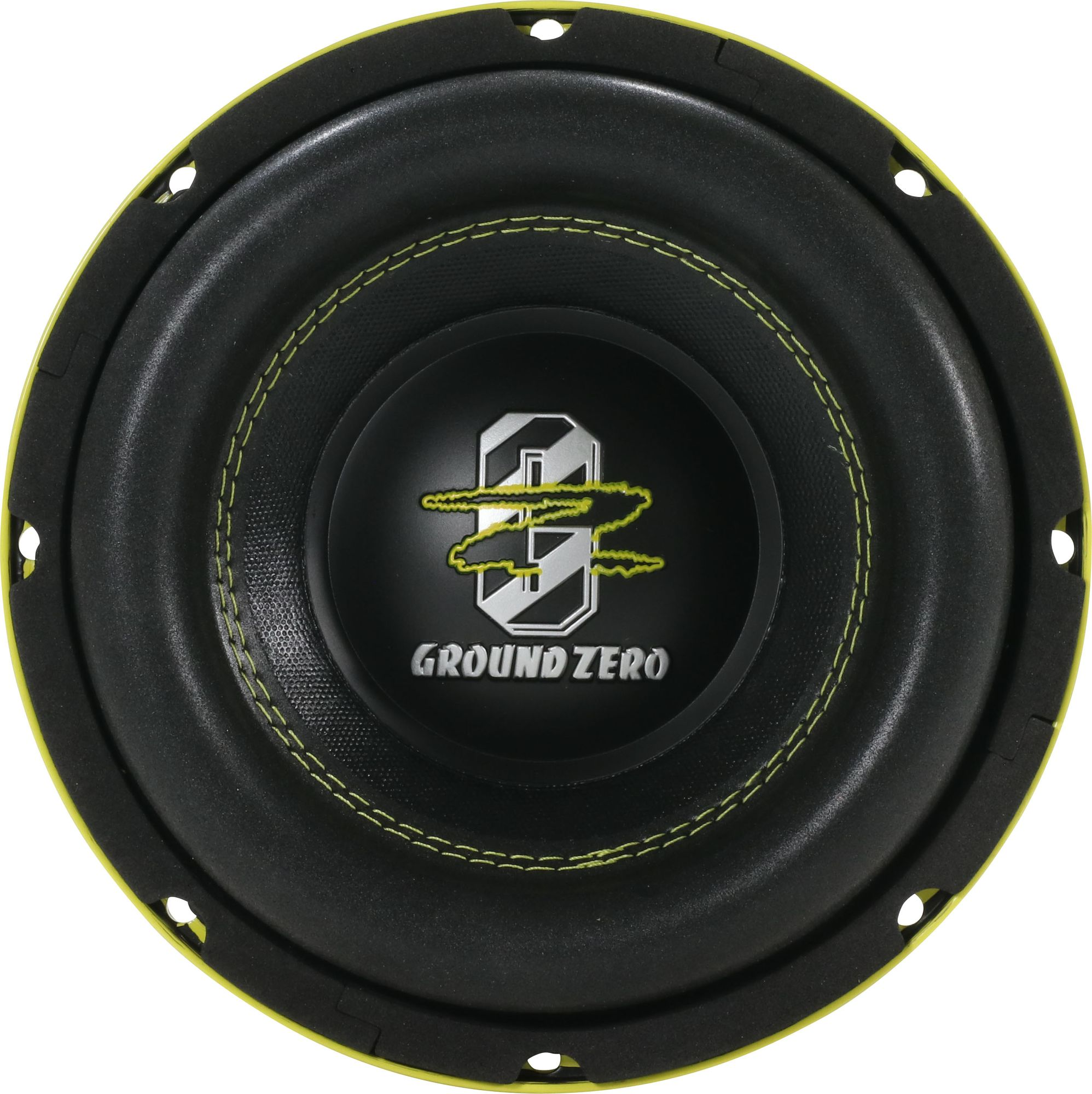 Subwoofer nero con cuciture gialle e logo Ground Zero. Colori nero e giallo.