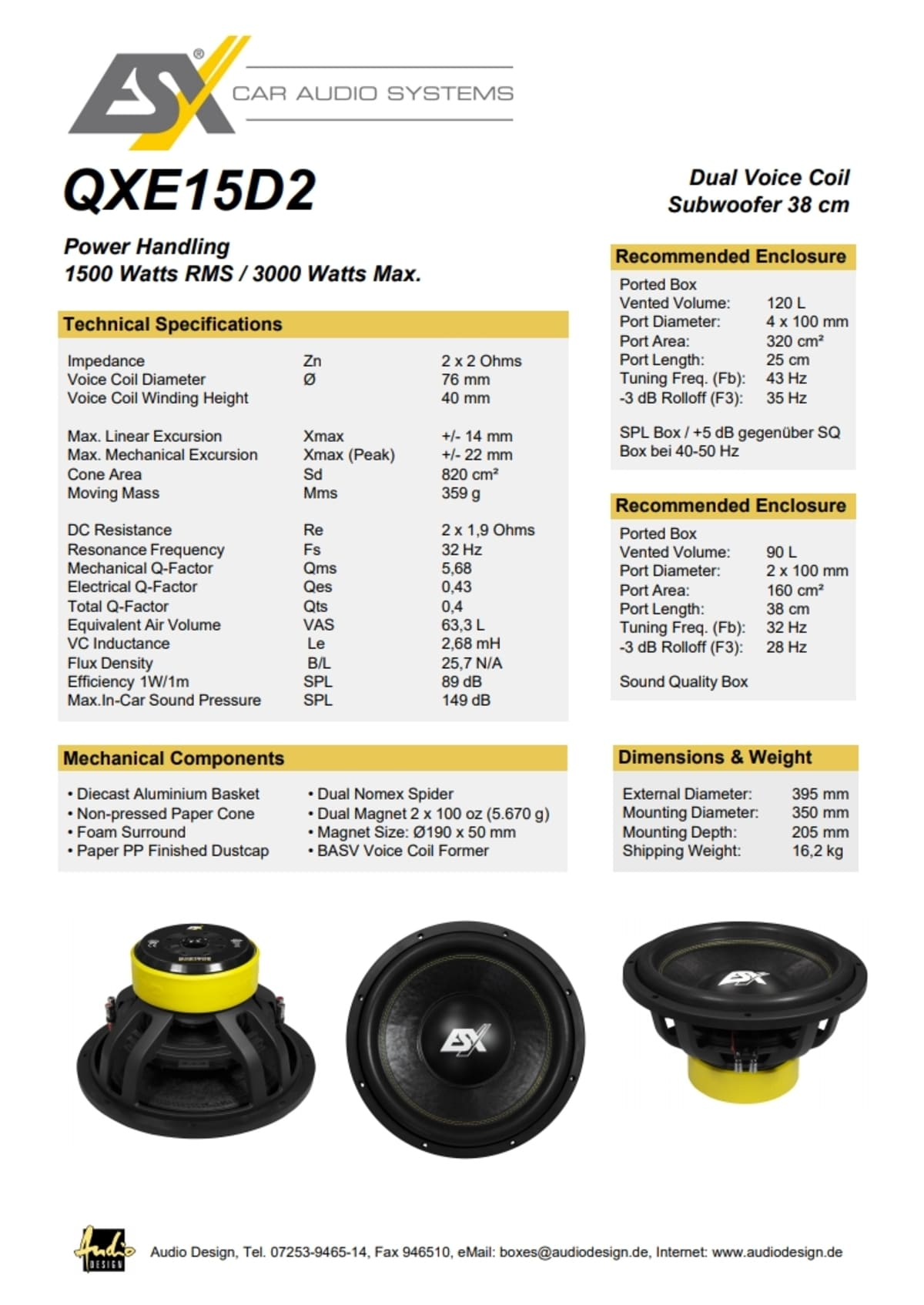 Technische Daten eines Subwoofers, mit Produktbildern.
