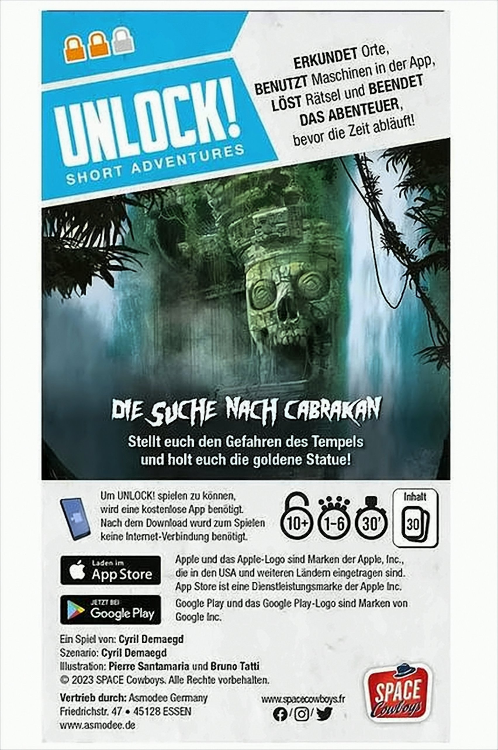 Unlock! Kartenspielbox mit Dschungelszene und Text auf Deutsch.
