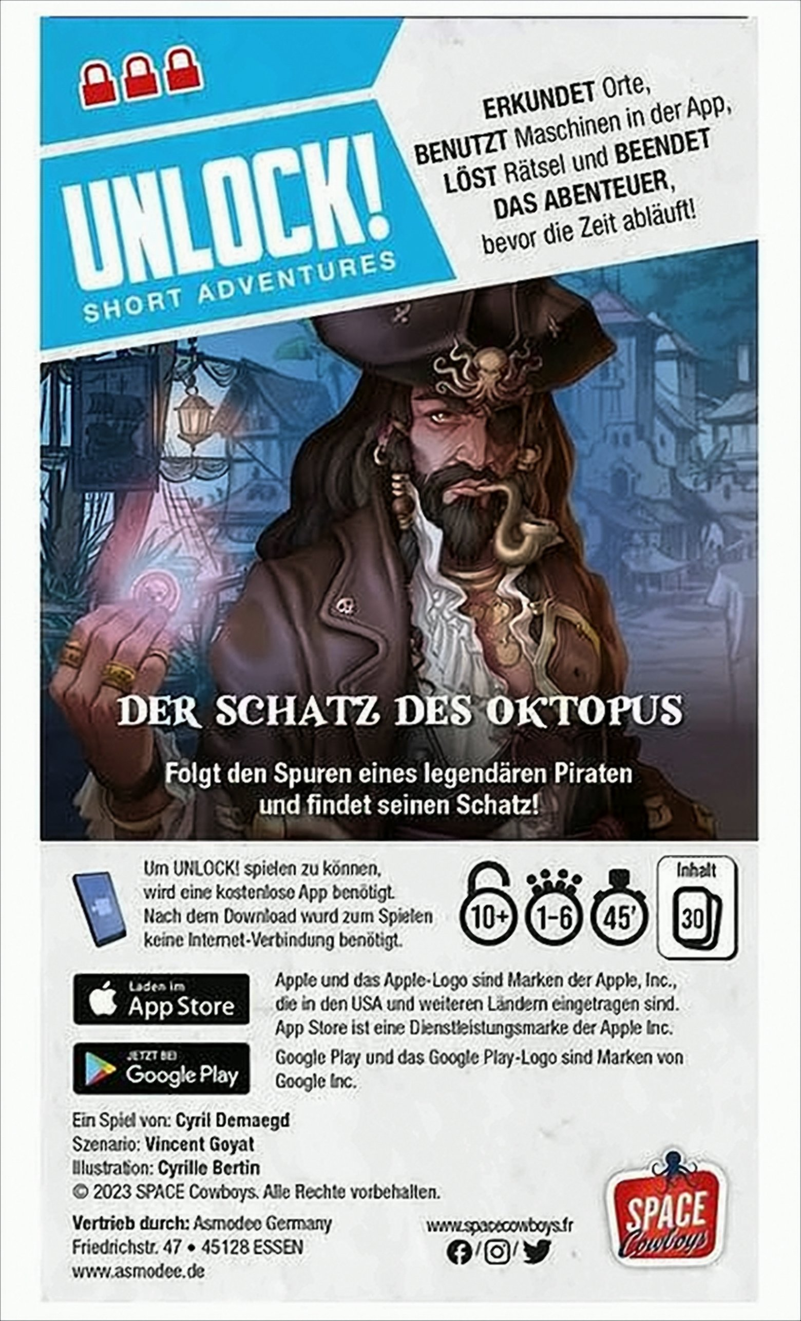 Unlock! Brettspielcover. Enthält eine Piratenillustration und Spieldetails.