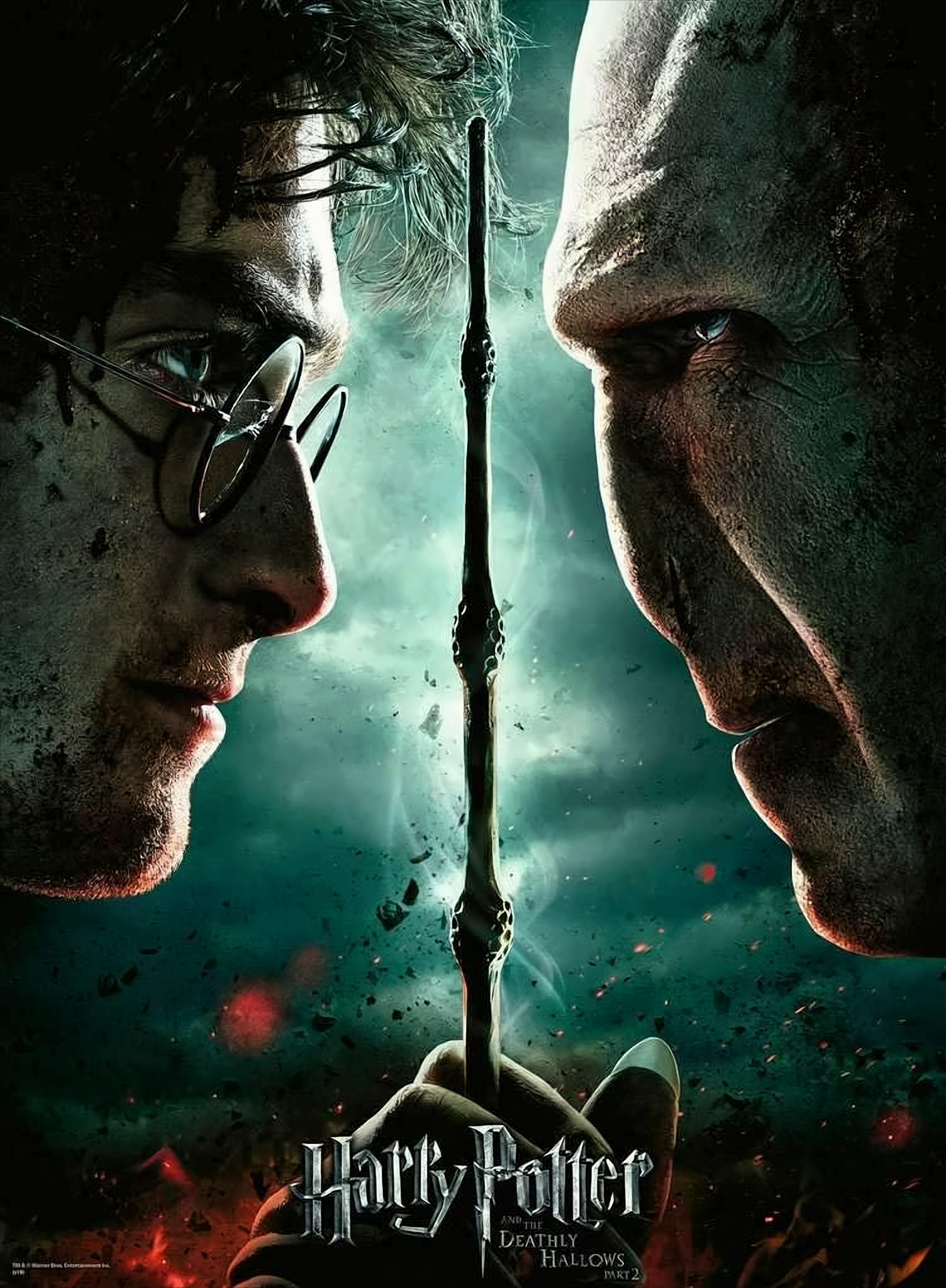 Sztuka puzzli Harry'ego Pottera: Harry i Voldemort mierzą się z różdżką. Ciemne tło z efektami dymu i ognia.